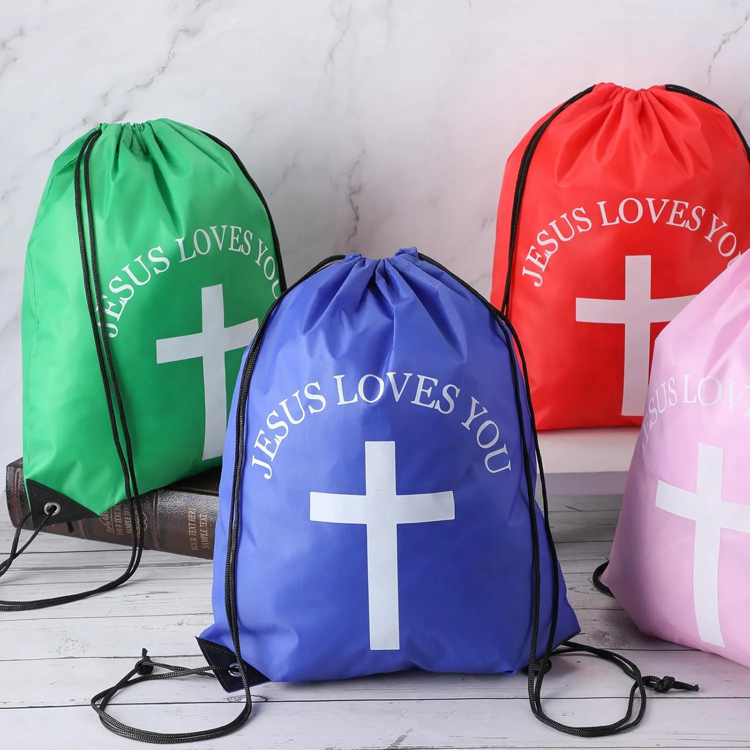 Jesus Loves You Drawstring Backpack Bulk Easter Church Gifts Christian Religious Gift Bag Polyester Backpack(Multicolor,30 Pcs)