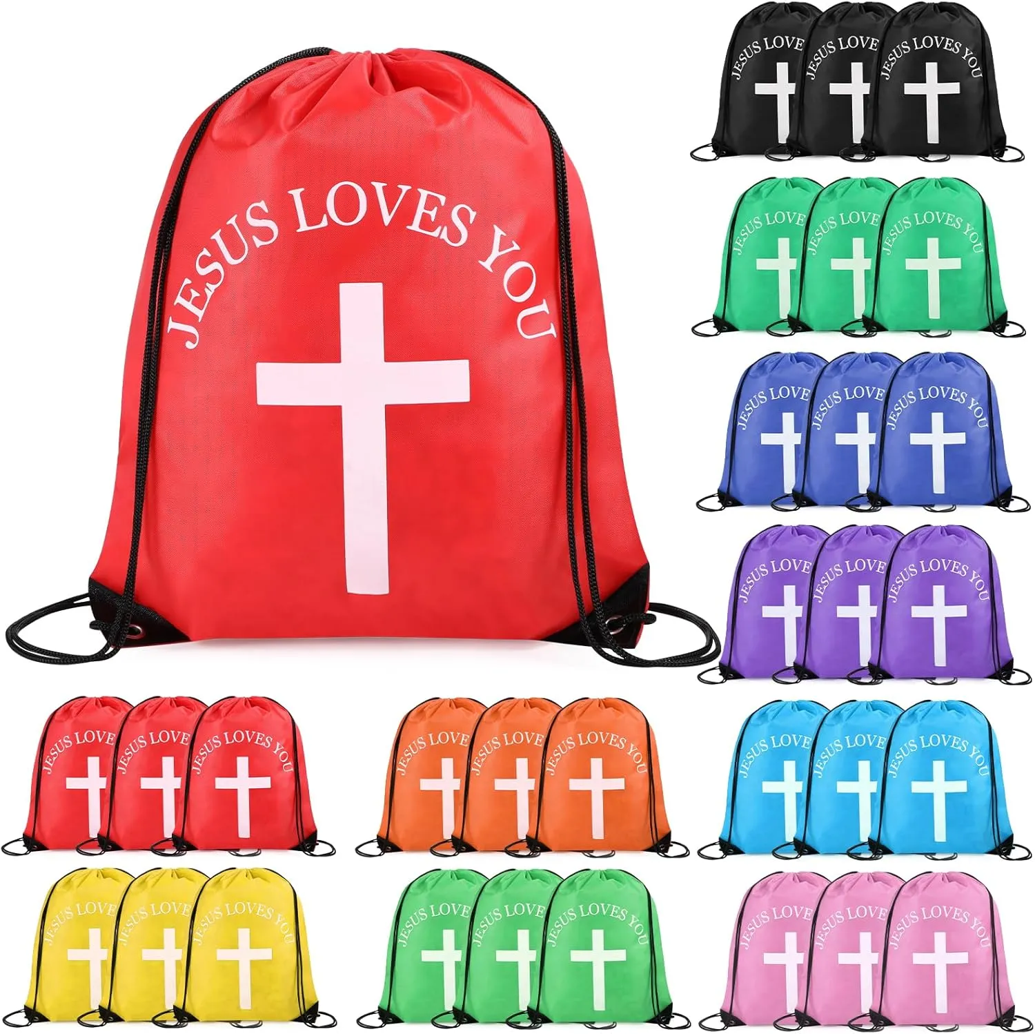 Jesus Loves You Drawstring Backpack Bulk Easter Church Gifts Christian Religious Gift Bag Polyester Backpack(Multicolor,30 Pcs)