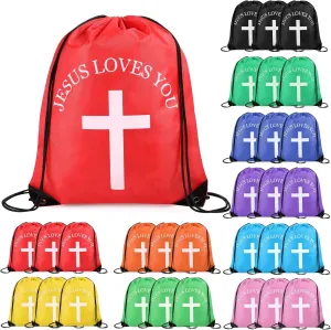Jesus Loves You Drawstring Backpack Bulk Easter Church Gifts Christian Religious Gift Bag Polyester Backpack(Multicolor,30 Pcs)