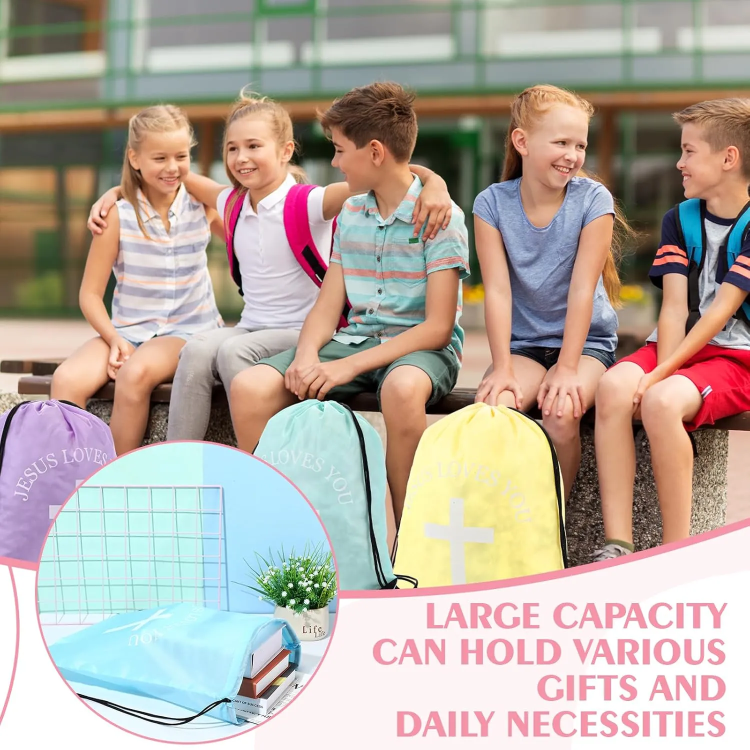 Jesus Loves You Drawstring Backpack Bulk Easter Church Gifts Christian Religious Gift Bag Polyester Backpack(Pastel Color,20 Pcs)