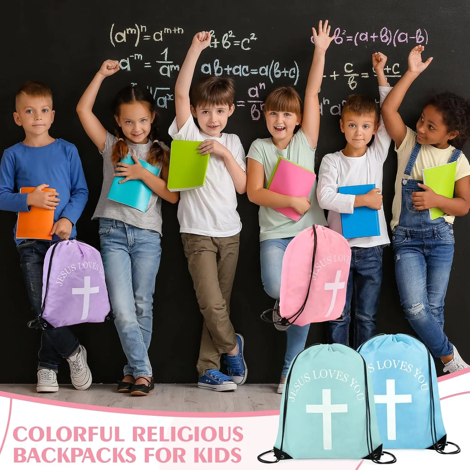 Jesus Loves You Drawstring Backpack Bulk Easter Church Gifts Christian Religious Gift Bag Polyester Backpack(Pastel Color,20 Pcs)