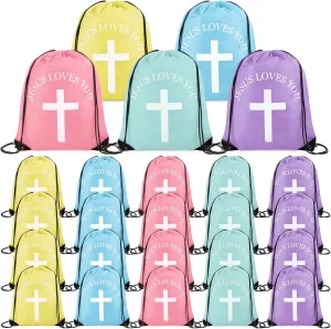 Jesus Loves You Drawstring Backpack Bulk Easter Church Gifts Christian Religious Gift Bag Polyester Backpack(Pastel Color,20 Pcs)