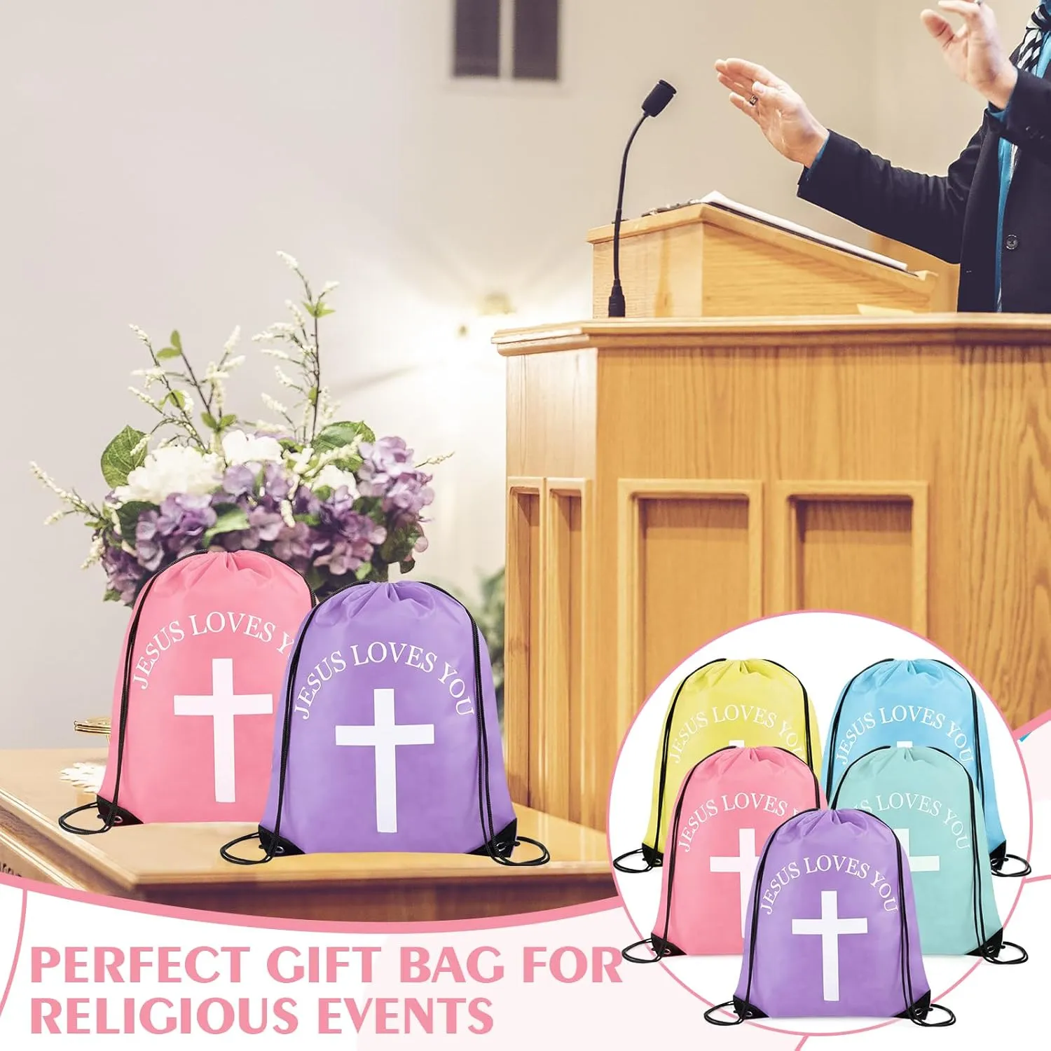 Jesus Loves You Drawstring Backpack Bulk Easter Church Gifts Christian Religious Gift Bag Polyester Backpack(Pastel Color,20 Pcs)