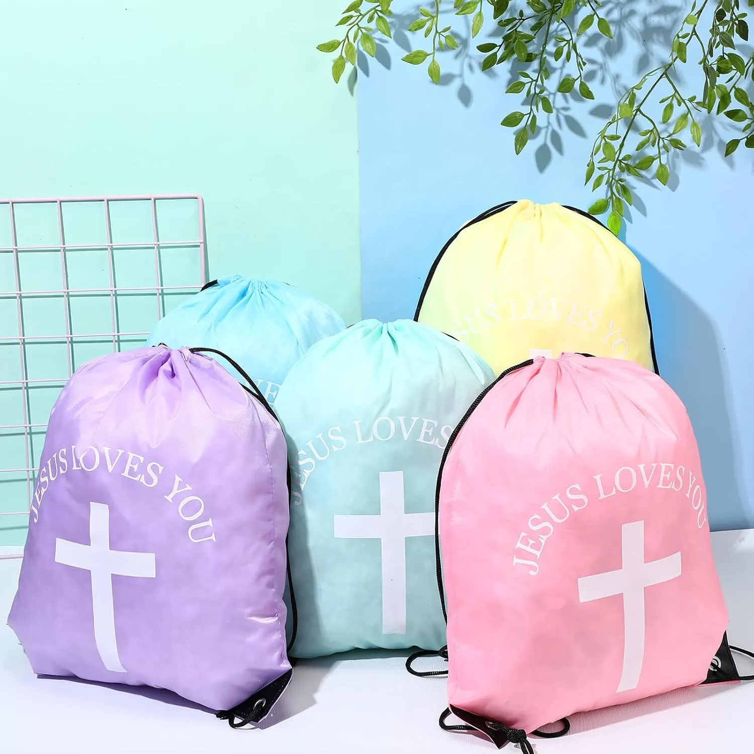 Jesus Loves You Drawstring Backpack Bulk Easter Church Gifts Christian Religious Gift Bag Polyester Backpack(Pastel Color,20 Pcs)