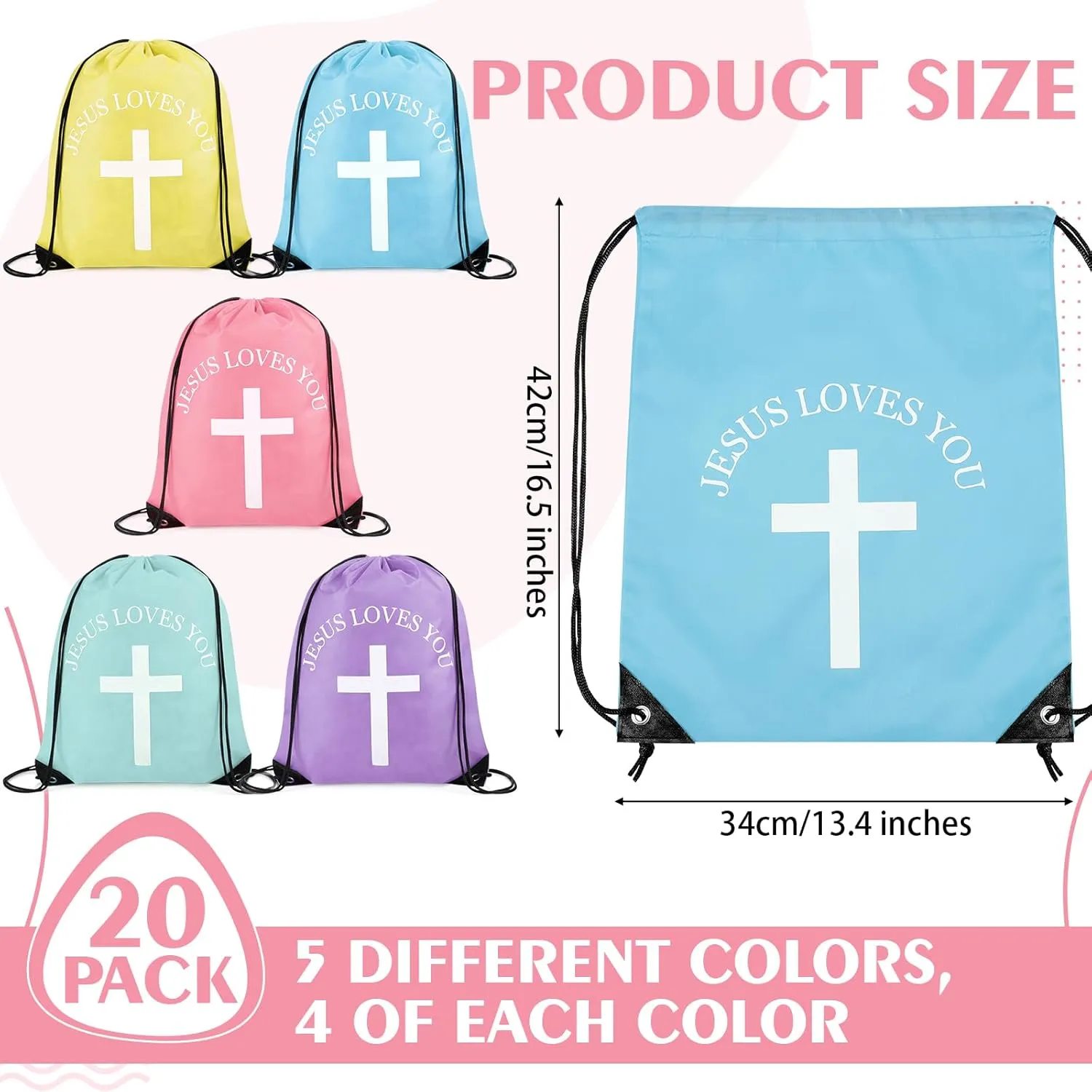 Jesus Loves You Drawstring Backpack Bulk Easter Church Gifts Christian Religious Gift Bag Polyester Backpack(Pastel Color,20 Pcs)