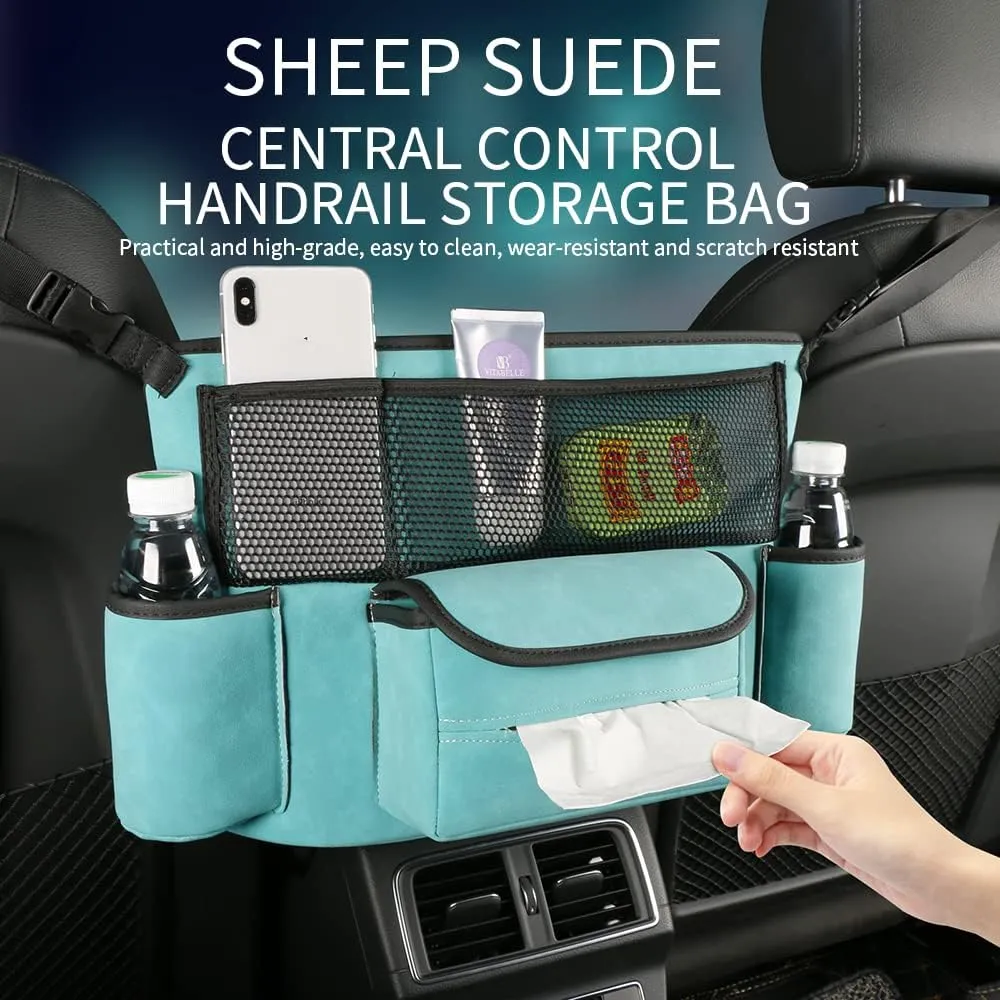 JEYODA Car Handbag Holder Between Seats Suede Large Capacity Car Purse Holder Automotive Consoles & Organizers for Document Phone Storage Car Accessories Interior (1925-style 2 blue)