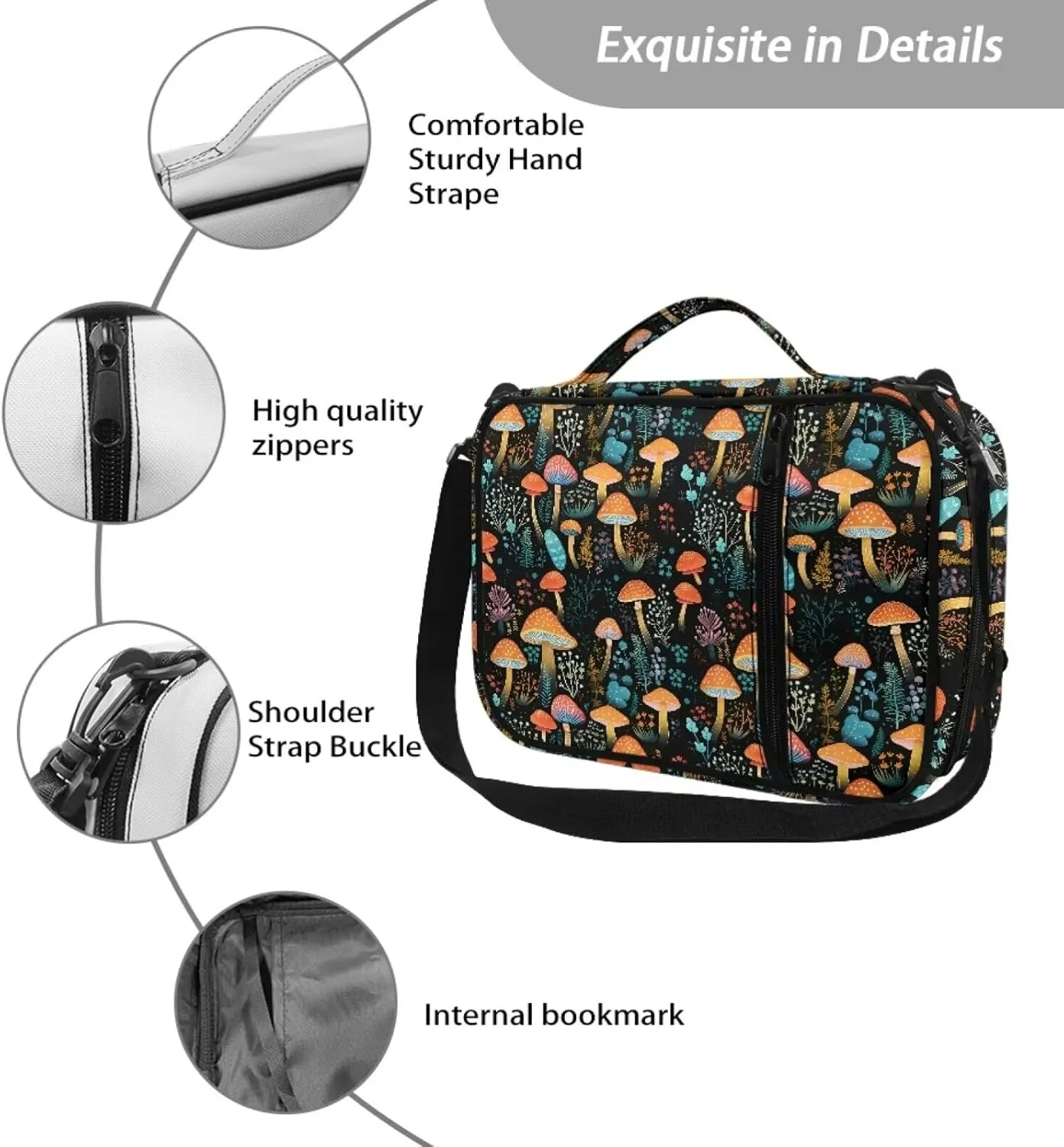 Jiquruby Boho Mushroom Print Bible Cover With Shoulder Strap - Protective Case, Zippered Carrying Case, Church Bag for Women With Pockets
