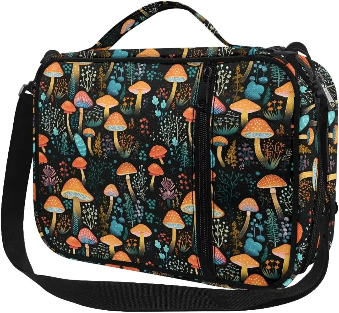 Jiquruby Boho Mushroom Print Bible Cover With Shoulder Strap - Protective Case, Zippered Carrying Case, Church Bag for Women With Pockets