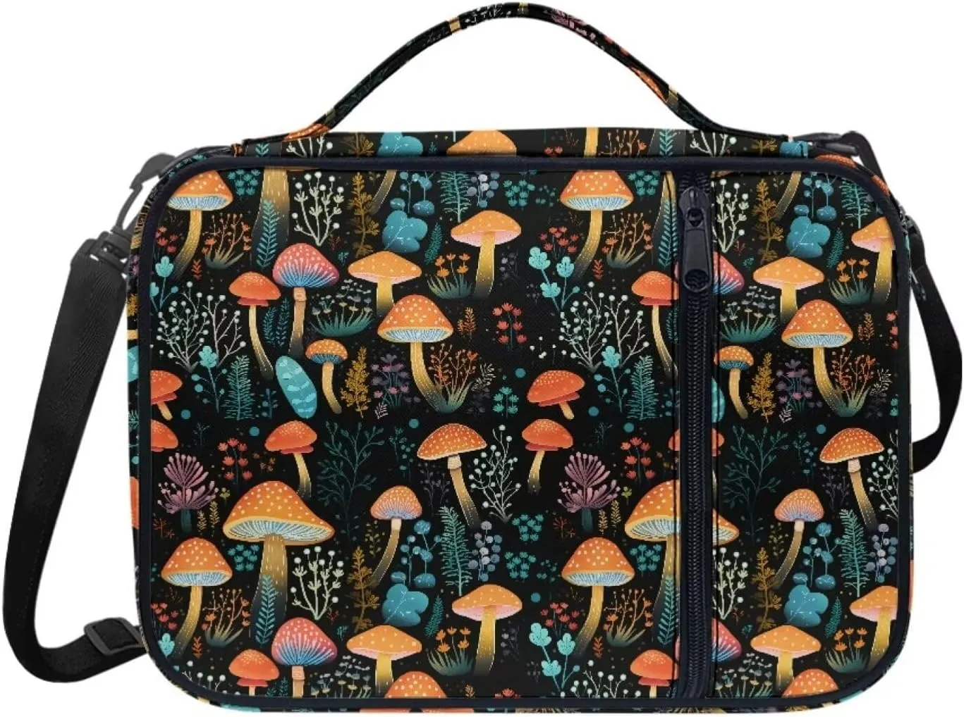 Jiquruby Boho Mushroom Print Bible Cover With Shoulder Strap - Protective Case, Zippered Carrying Case, Church Bag for Women With Pockets