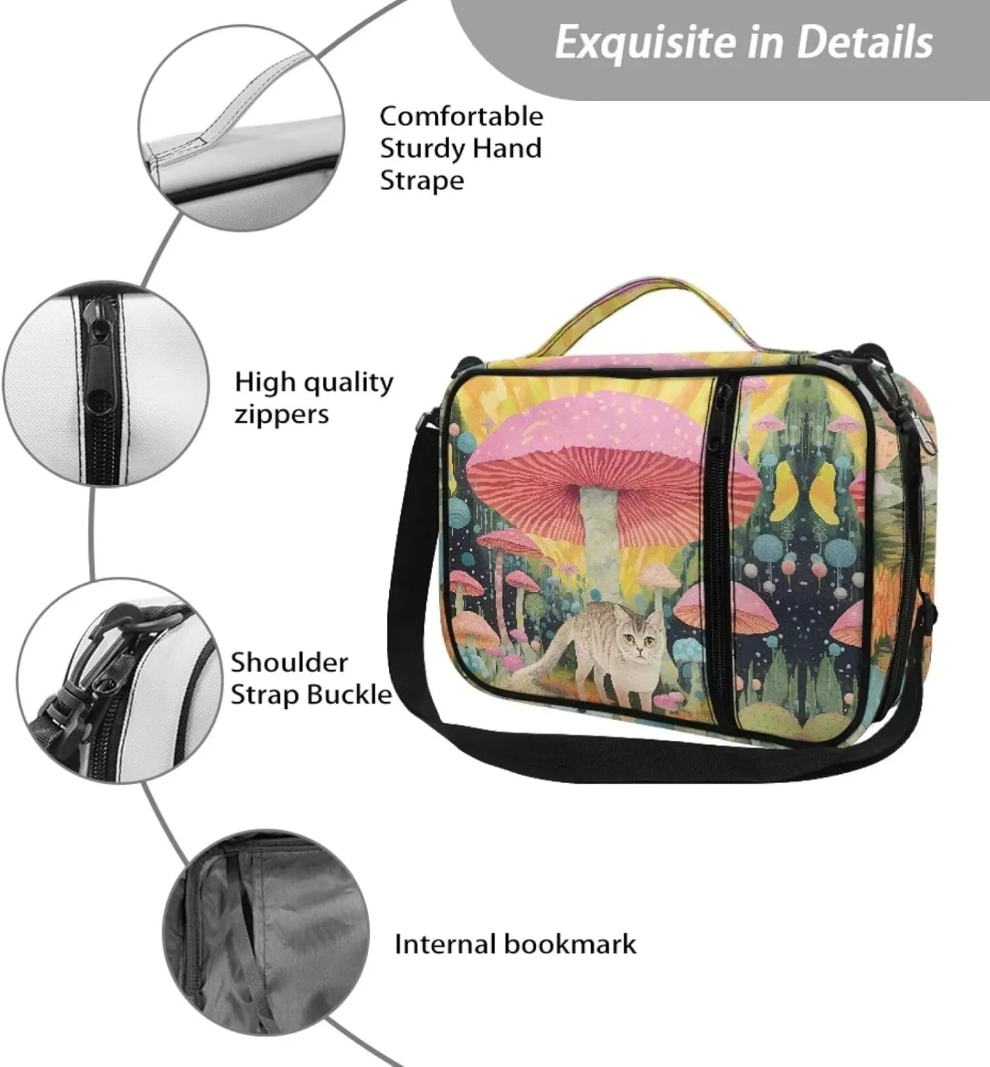 Jiquruby Cat Mushroom Bible Covers for Women - Protective Bible Case with Handle, Zippered Pocket and Adjustable Shoulder Strap - Kids & Teens Tote Bag