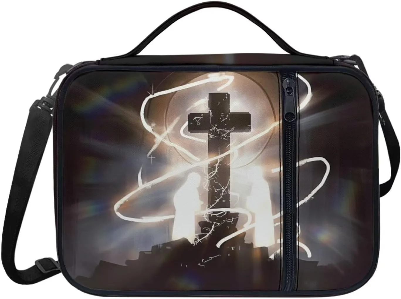 Jiquruby Cross Print Bible Covers for Women with Shoulder Strap Large Bible Bag with Handle Carrying Book Case Girls Bible Case Teens Bible Tote Bag Zipper Bible Cover