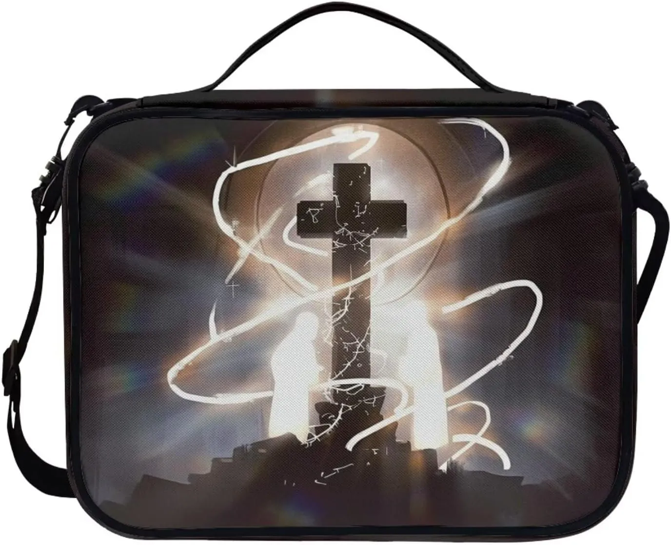 Jiquruby Cross Print Bible Covers for Women with Shoulder Strap Large Bible Bag with Handle Carrying Book Case Girls Bible Case Teens Bible Tote Bag Zipper Bible Cover