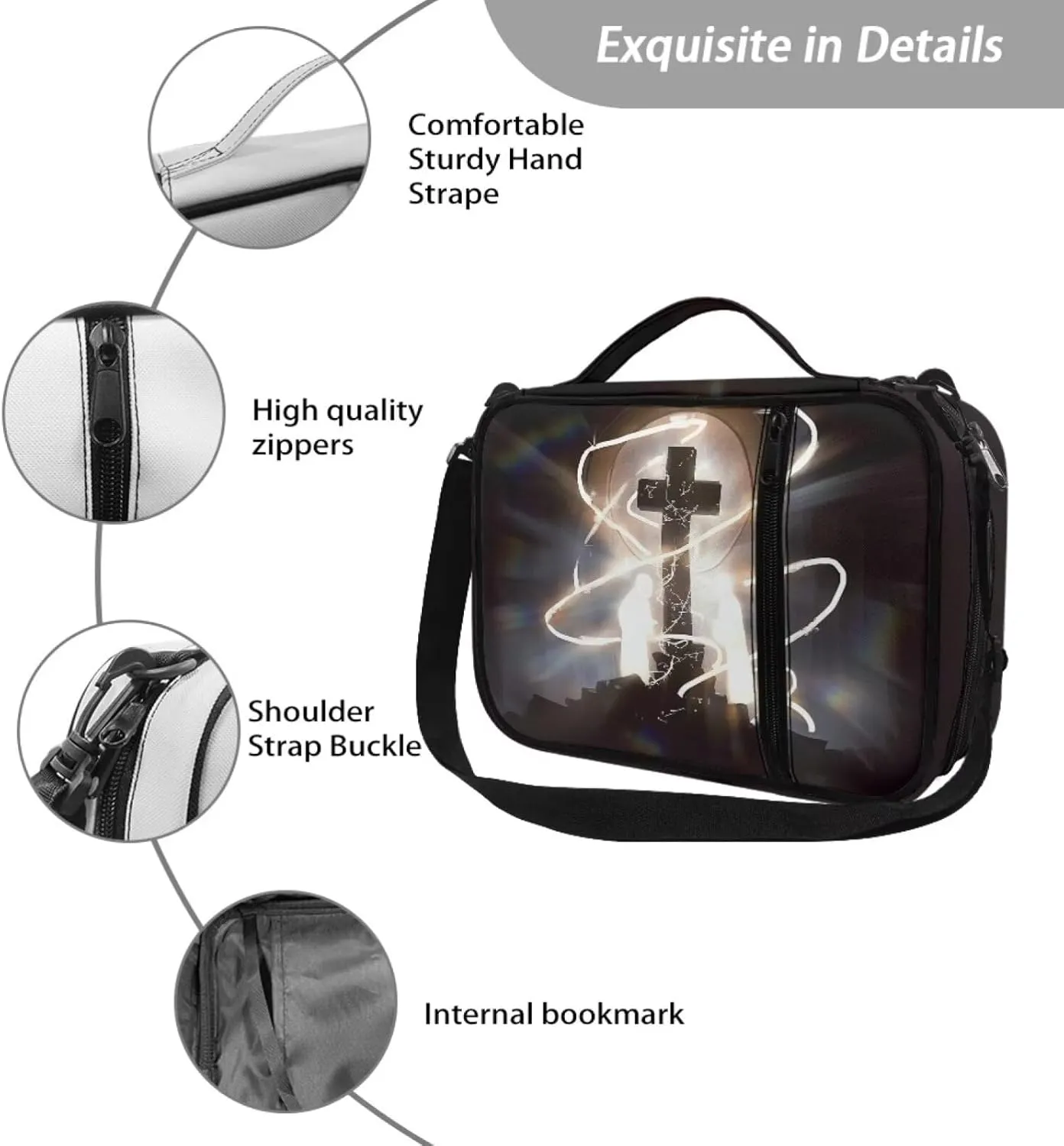 Jiquruby Cross Print Bible Covers for Women with Shoulder Strap Large Bible Bag with Handle Carrying Book Case Girls Bible Case Teens Bible Tote Bag Zipper Bible Cover