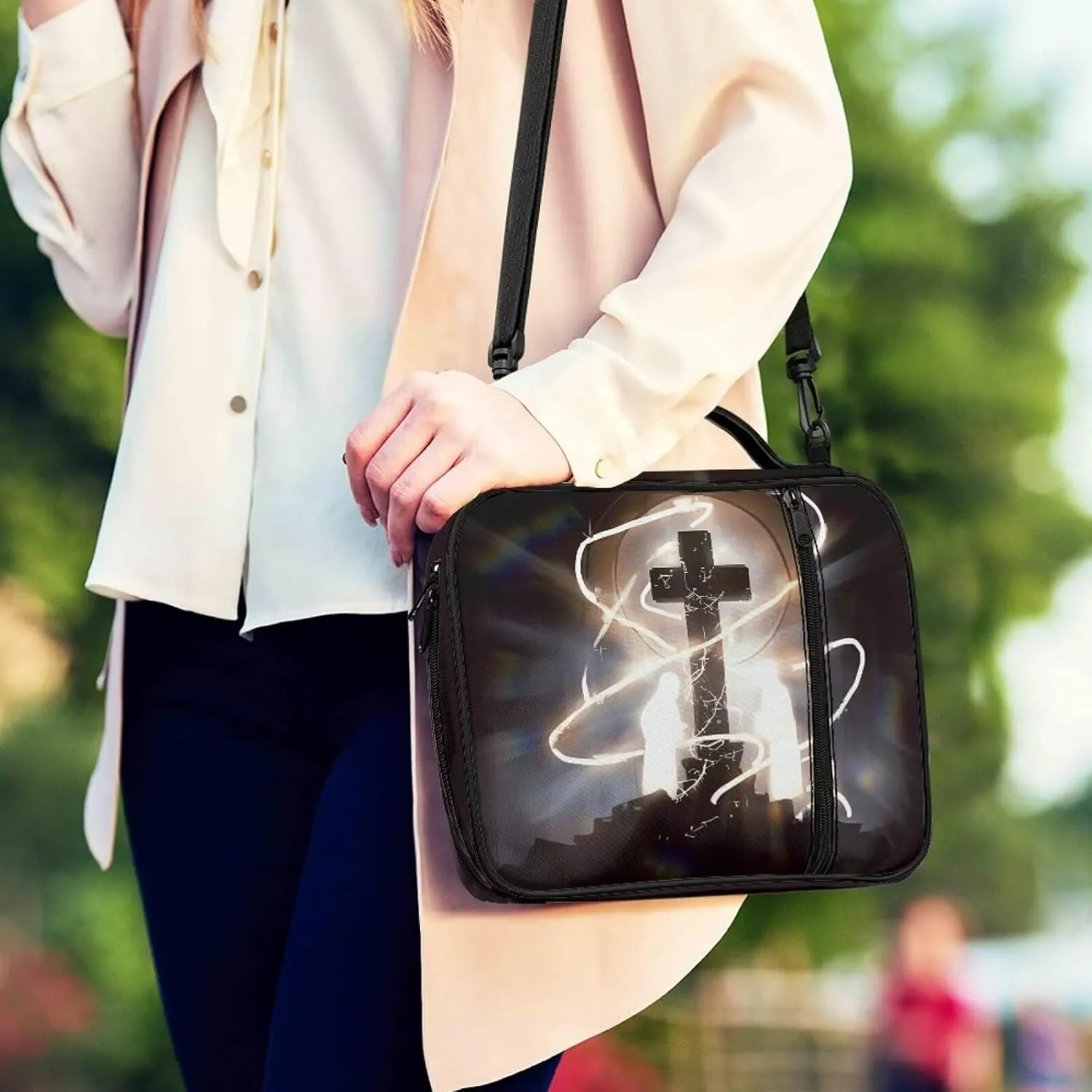 Jiquruby Cross Print Bible Covers for Women with Shoulder Strap Large Bible Bag with Handle Carrying Book Case Girls Bible Case Teens Bible Tote Bag Zipper Bible Cover