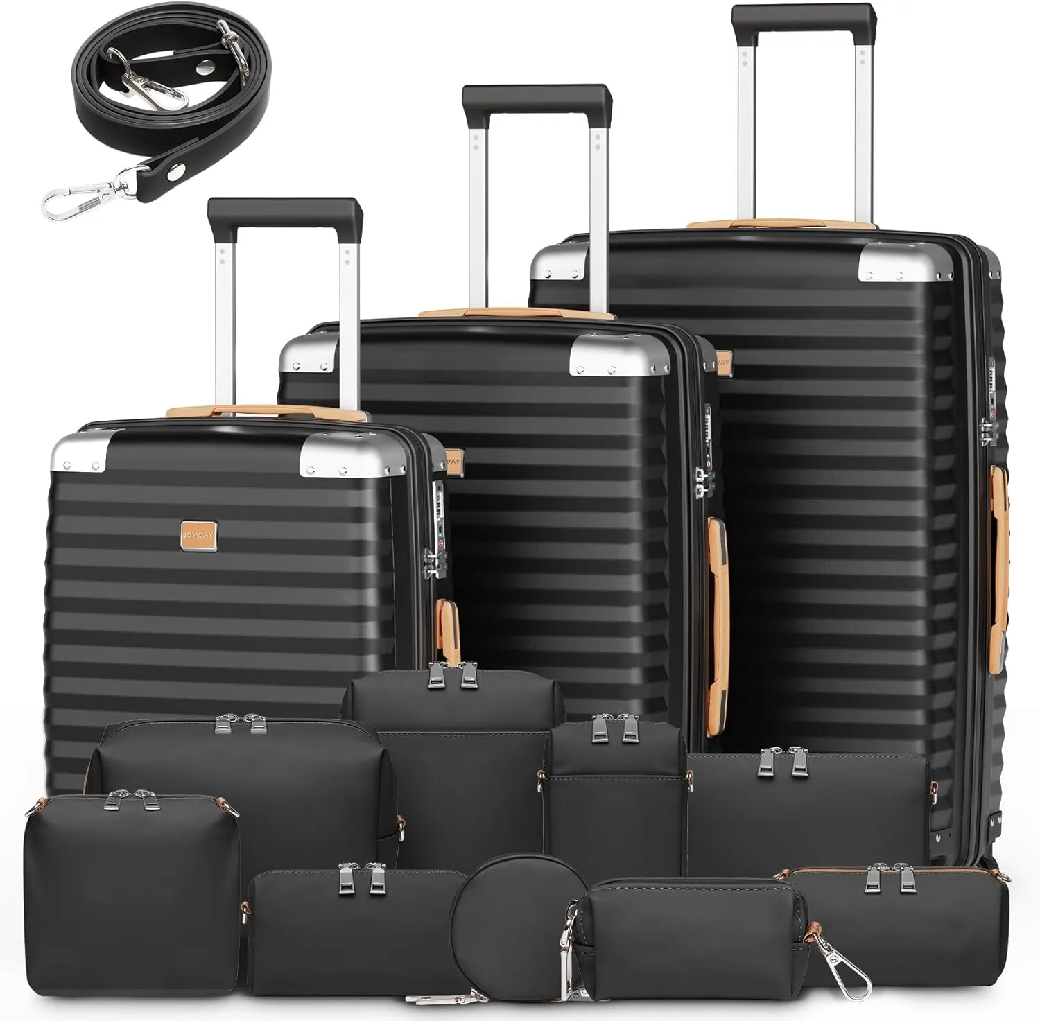 Joyway Carry On 13 Piece Luggage Set，Aviation Grade PP Spinner Suitcase, Durable with Style. Premium Baggage for All Travels with Bag Black