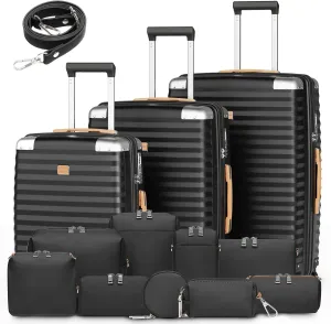 Joyway Carry On 13 Piece Luggage Set，Aviation Grade PP Spinner Suitcase, Durable with Style. Premium Baggage for All Travels with Bag Black