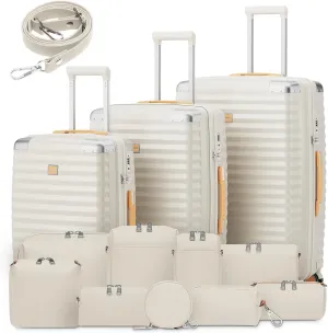Joyway Carry On 13 Piece Luggage Set，Aviation Grade PP Spinner Suitcase, Durable with Style. Premium Baggage for All Travels with Bag Cream Color