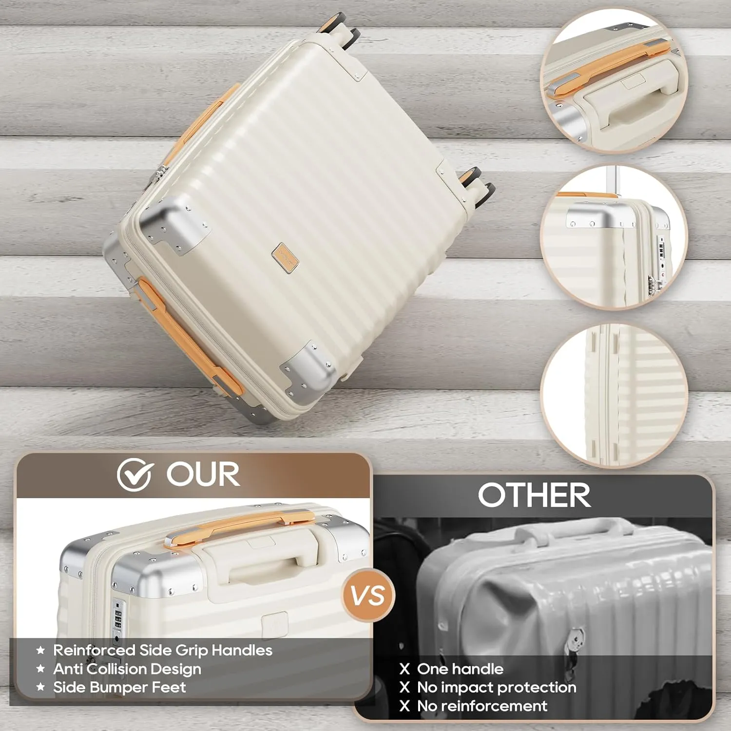Joyway Carry On 13 Piece Luggage Set，Aviation Grade PP Spinner Suitcase, Durable with Style. Premium Baggage for All Travels with Bag Cream Color