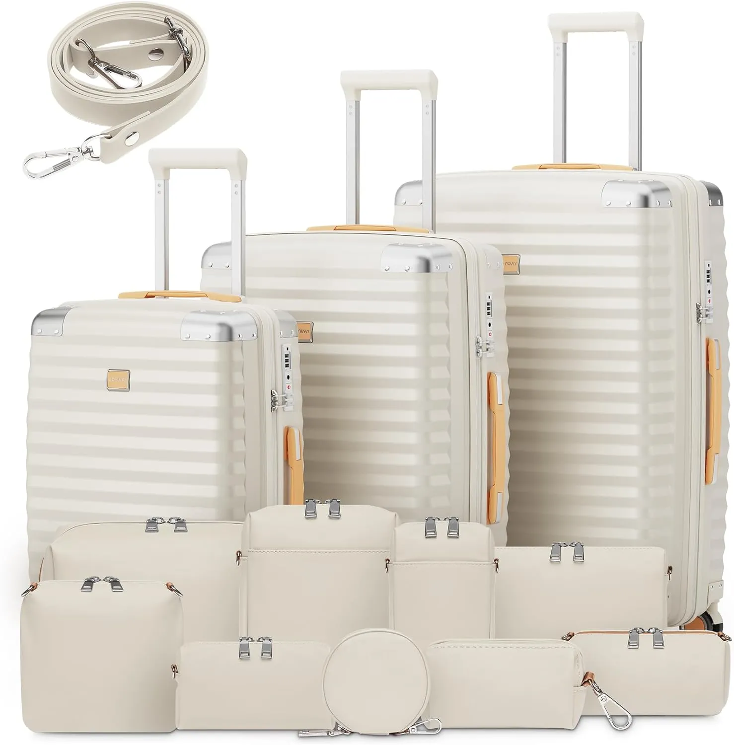Joyway Carry On 13 Piece Luggage Set，Aviation Grade PP Spinner Suitcase, Durable with Style. Premium Baggage for All Travels with Bag Cream Color