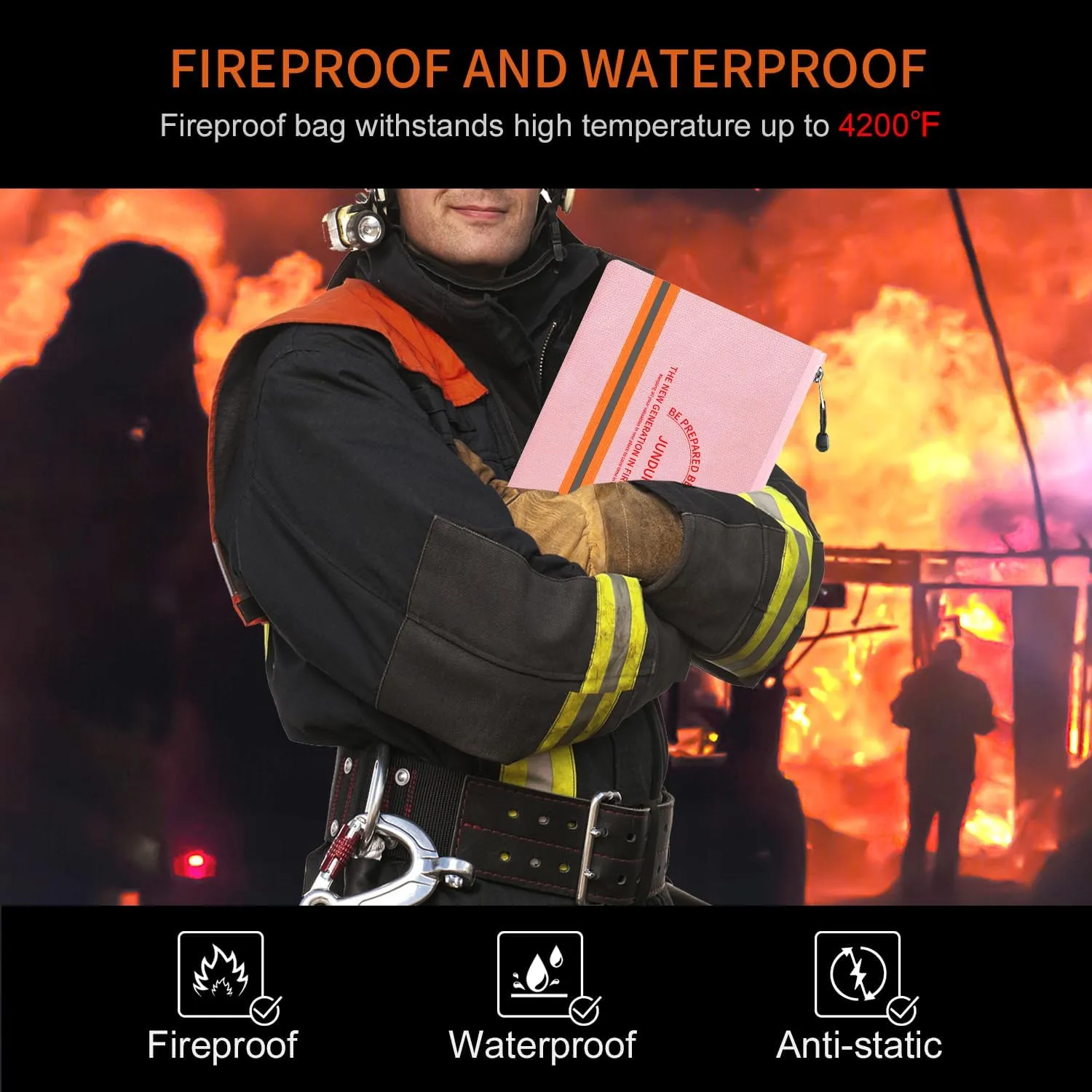 JUNDUN Fireproof Document Bag,14.2”x 10.0”Waterproof and Fireproof Money Bag with Aluminum Foil Lining,Fireproof Safe Storage Pouch with Zipper for Document and Cash,Pink