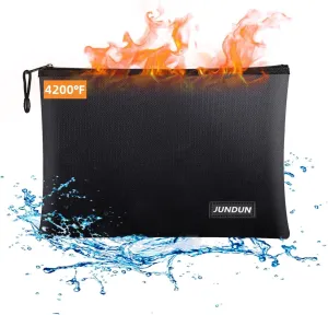 JUNDUN Fireproof Document Bags,14.2”x 10.0”Waterproof and Fireproof Money Bag with Aluminum Foil Lining,Fireproof Safe Storage Pouch with Zipper for Document and Cash，Black