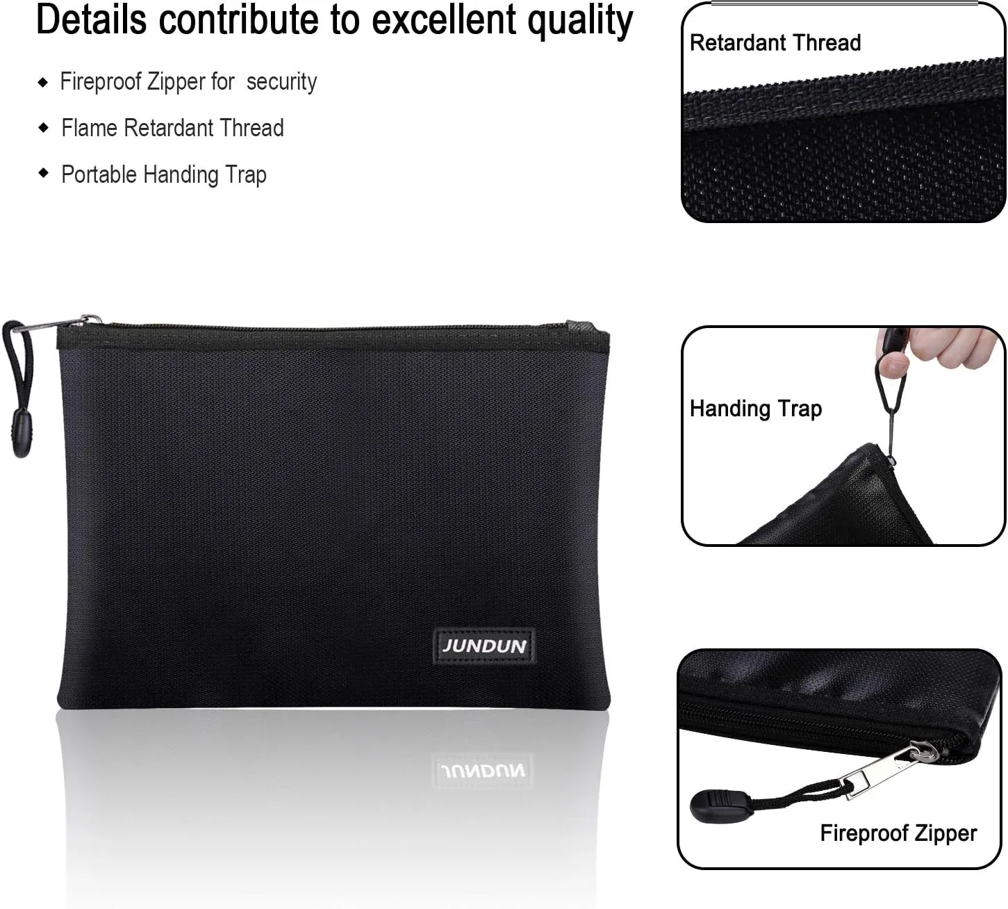 JUNDUN Fireproof Document Bags,14.2”x 10.0”Waterproof and Fireproof Money Bag with Aluminum Foil Lining,Fireproof Safe Storage Pouch with Zipper for Document and Cash，Black