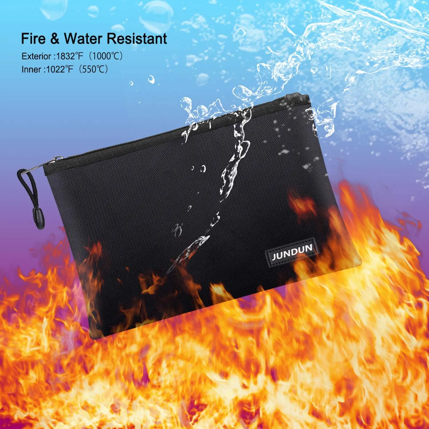 JUNDUN Fireproof Document Bags,14.2”x 10.0”Waterproof and Fireproof Money Bag with Aluminum Foil Lining,Fireproof Safe Storage Pouch with Zipper for Document and Cash，Black