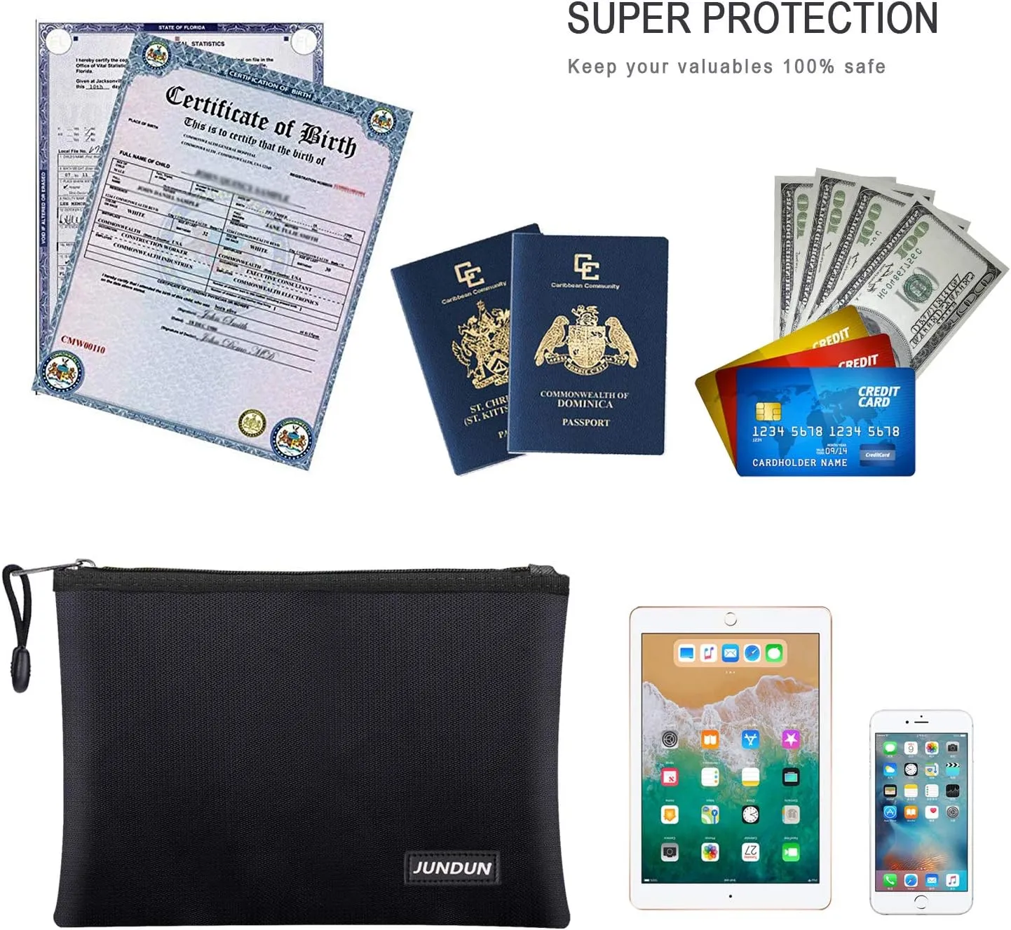 JUNDUN Fireproof Document Bags,14.2”x 10.0”Waterproof and Fireproof Money Bag with Aluminum Foil Lining,Fireproof Safe Storage Pouch with Zipper for Document and Cash，Black
