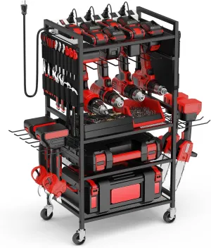 JUNNUJ Garage Large Power Tool Organizer Cart with 20A Charing Station, Heavy Duty Drill and Tools Battery Holder Storage Rack with 10 FT Power Strip, Floor Standing Rolling Tool Cart on Wheels, Black
