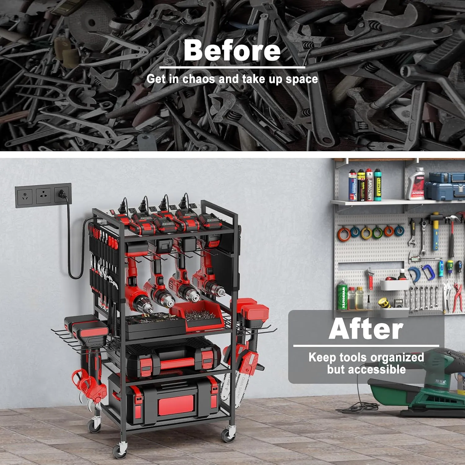 JUNNUJ Garage Large Power Tool Organizer Cart with 20A Charing Station, Heavy Duty Drill and Tools Battery Holder Storage Rack with 10 FT Power Strip, Floor Standing Rolling Tool Cart on Wheels, Black