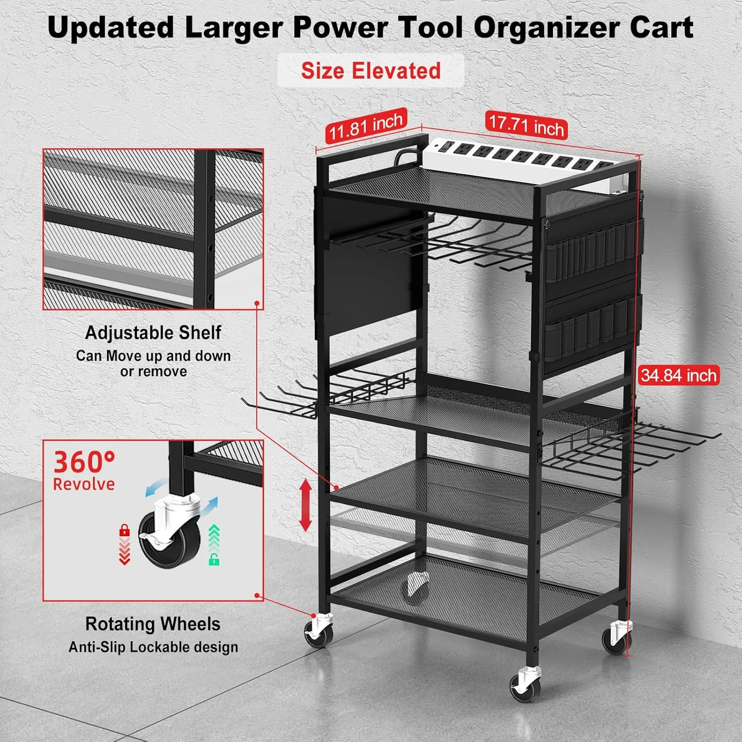 JUNNUJ Garage Large Power Tool Organizer Cart with 20A Charing Station, Heavy Duty Drill and Tools Battery Holder Storage Rack with 10 FT Power Strip, Floor Standing Rolling Tool Cart on Wheels, Black