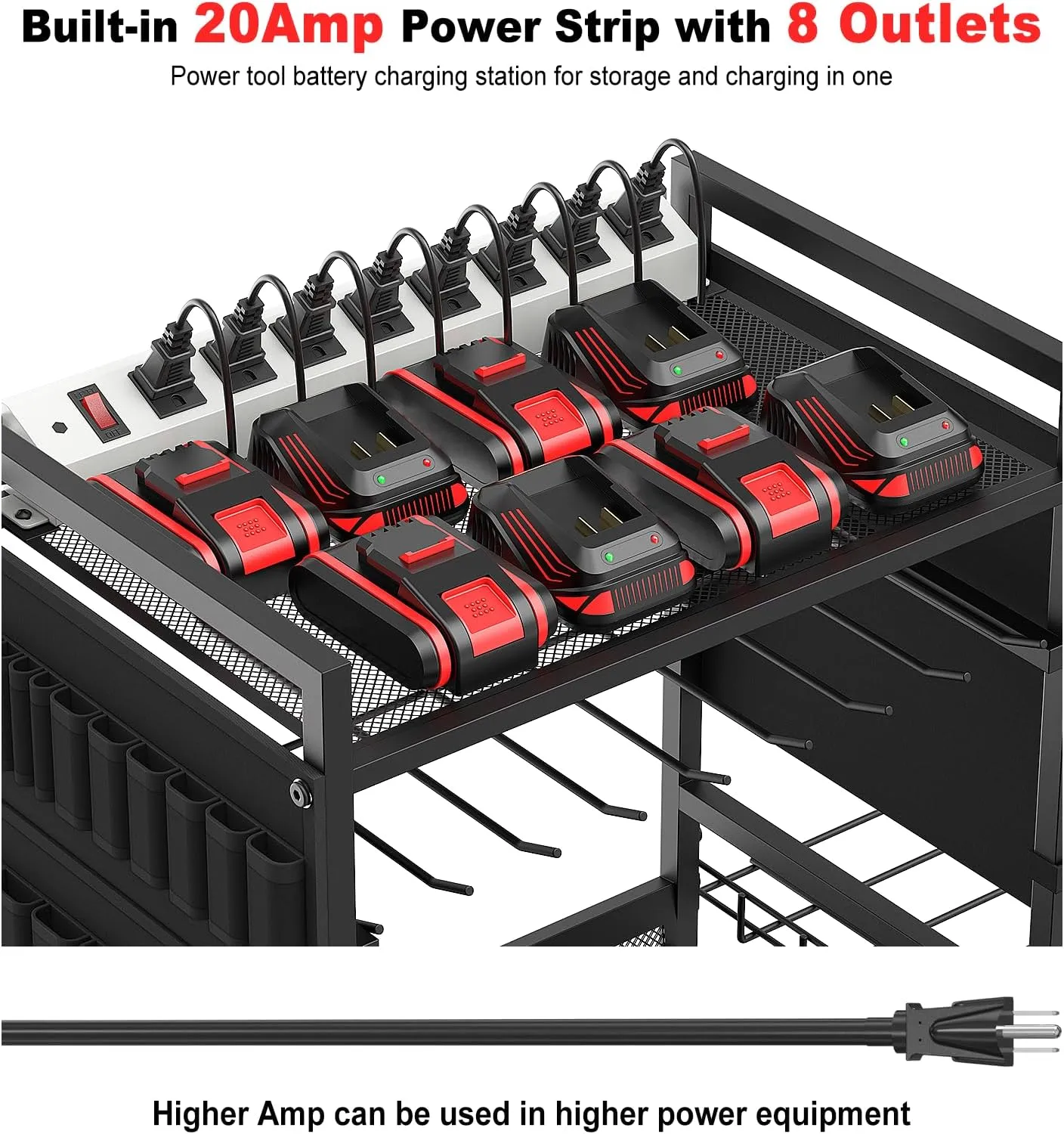 JUNNUJ Garage Large Power Tool Organizer Cart with 20A Charing Station, Heavy Duty Drill and Tools Battery Holder Storage Rack with 10 FT Power Strip, Floor Standing Rolling Tool Cart on Wheels, Black