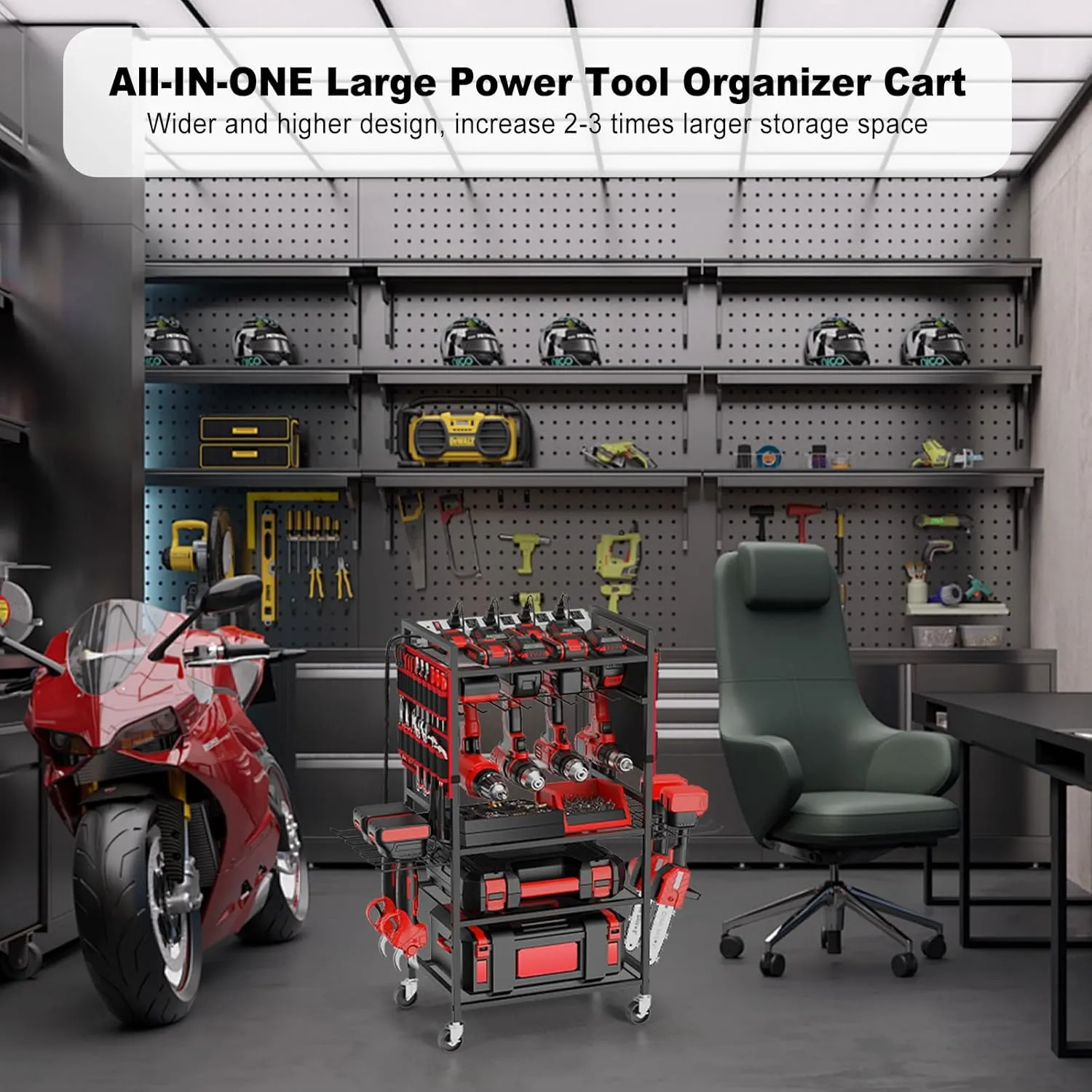 JUNNUJ Garage Large Power Tool Organizer Cart with 20A Charing Station, Heavy Duty Drill and Tools Battery Holder Storage Rack with 10 FT Power Strip, Floor Standing Rolling Tool Cart on Wheels, Black
