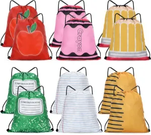 Kacctyen 12 Pcs Teacher Appreciation Gift Bags Thank You Teachers Gift Drawstring Backpacks 16.5 x 13.4 Inch Apple Crayon Pencil Bags for Appreciation Week Graduation Retirement Party Supplies
