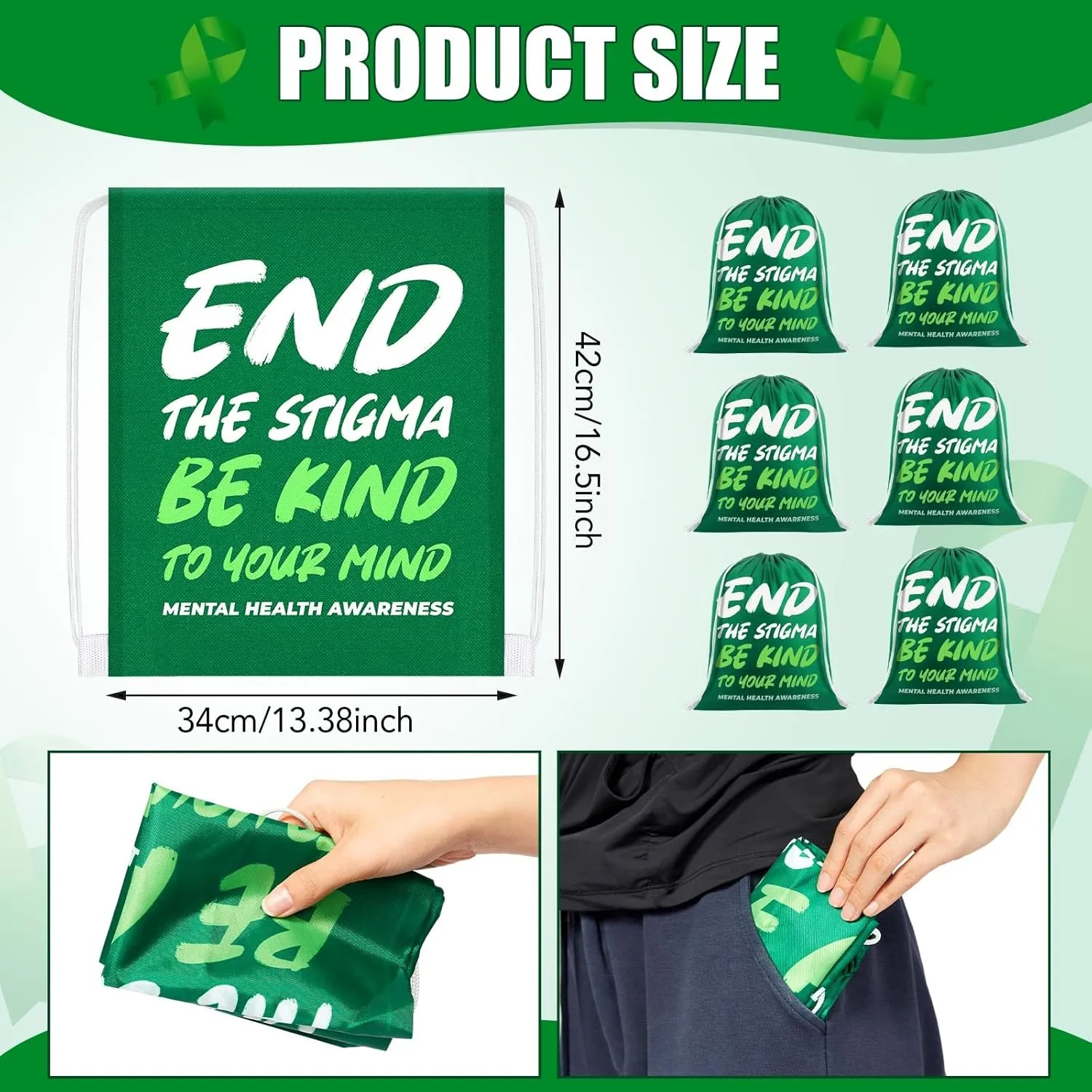 Kacctyen 6 Pcs Mental Health Day Drawstring Backpack End the Stigma Drawstring Bags Polyester Cinch Gym Travel Backpack