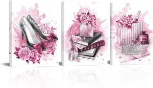 Kalormore Pink Splash Fashion Poster Glam High Heel Shoes Perfume Books Pearl Crown Canvas Prints Wall Art For Girl Bedroom Woman Makeup Room Wall Decoration