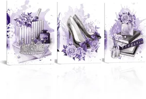 Kalormore Purple Fashion Glam Poster for Woman Bedroom Wall Decor Roses Perfume Books High Heel Shoes Pearl Queen Crown Picture Giclee Canvas Prints Framed and Stretched Artwork for Girl Makeup Room
