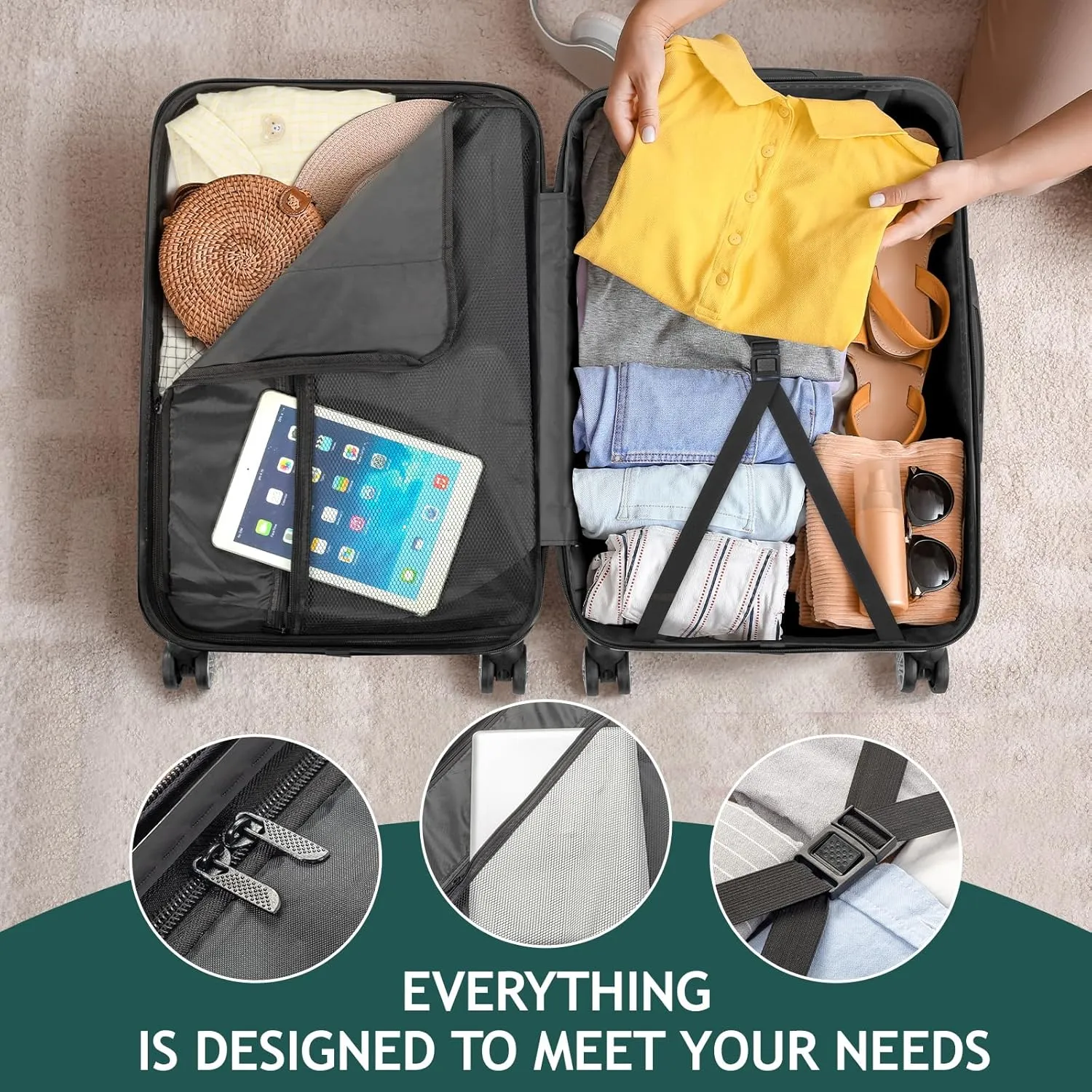 Karl home Luggage Set of 3 Hardside Carry on Suitcase Sets with Spinner Wheels & TSA lock, Portable Lightweight ABS Luggages for Travel, Business - Dark Green (20/24/28)