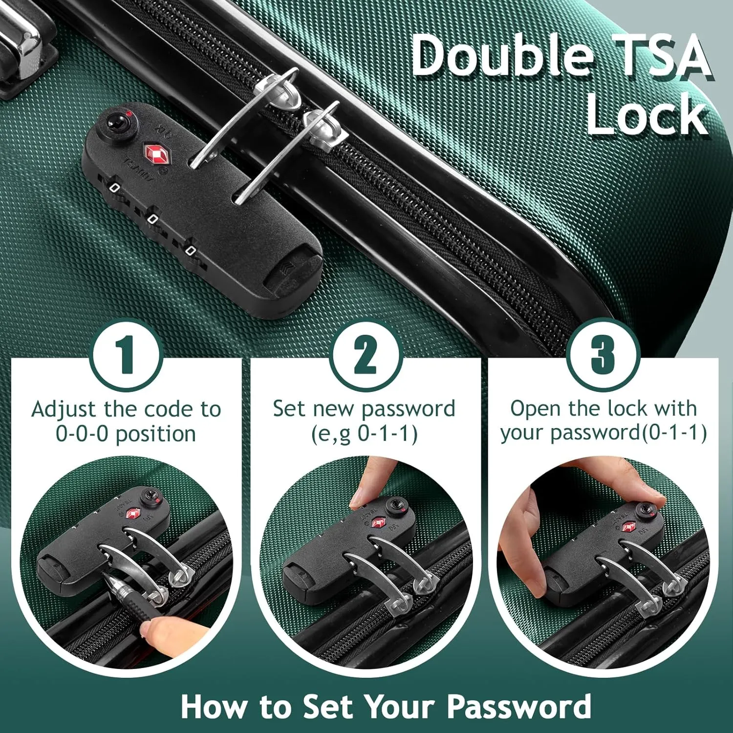 Karl home Luggage Set of 3 Hardside Carry on Suitcase Sets with Spinner Wheels & TSA lock, Portable Lightweight ABS Luggages for Travel, Business - Dark Green (20/24/28)