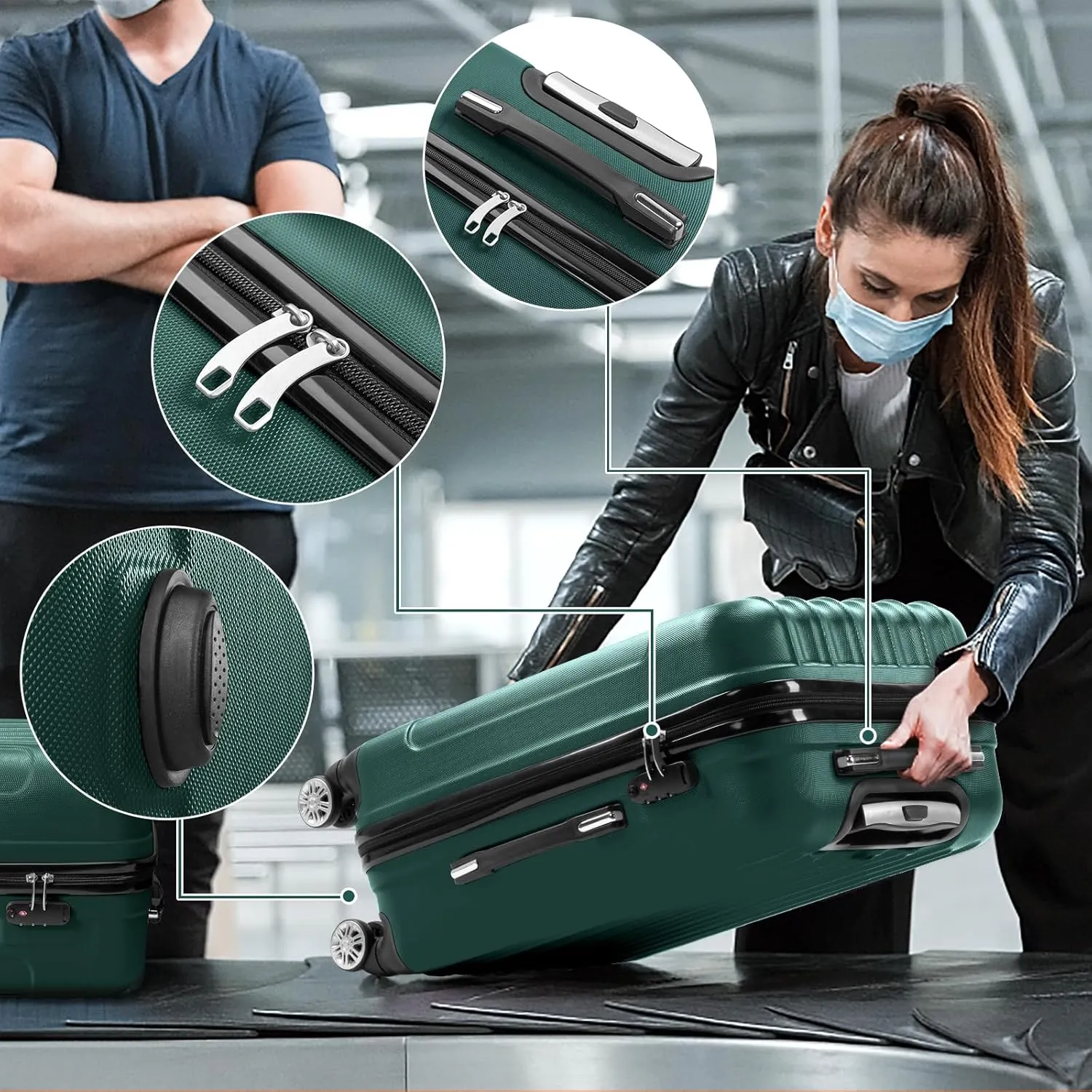 Karl home Luggage Set of 3 Hardside Carry on Suitcase Sets with Spinner Wheels & TSA lock, Portable Lightweight ABS Luggages for Travel, Business - Dark Green (20/24/28)