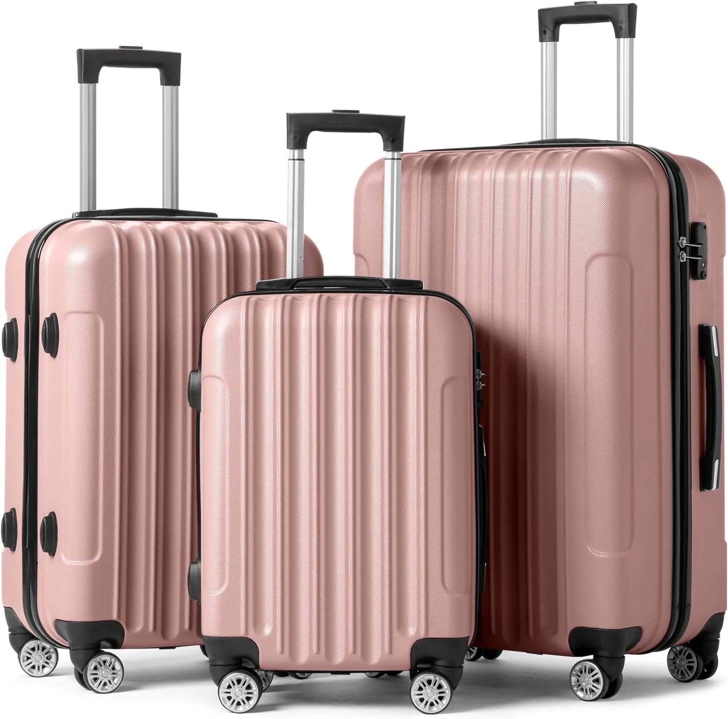 Karl home Luggage Set of 3 Hardside Carry on Suitcase Sets with Spinner Wheels & TSA lock, Portable Lightweight ABS Luggages for Travel, Business - Rose Gold (20/24/28)