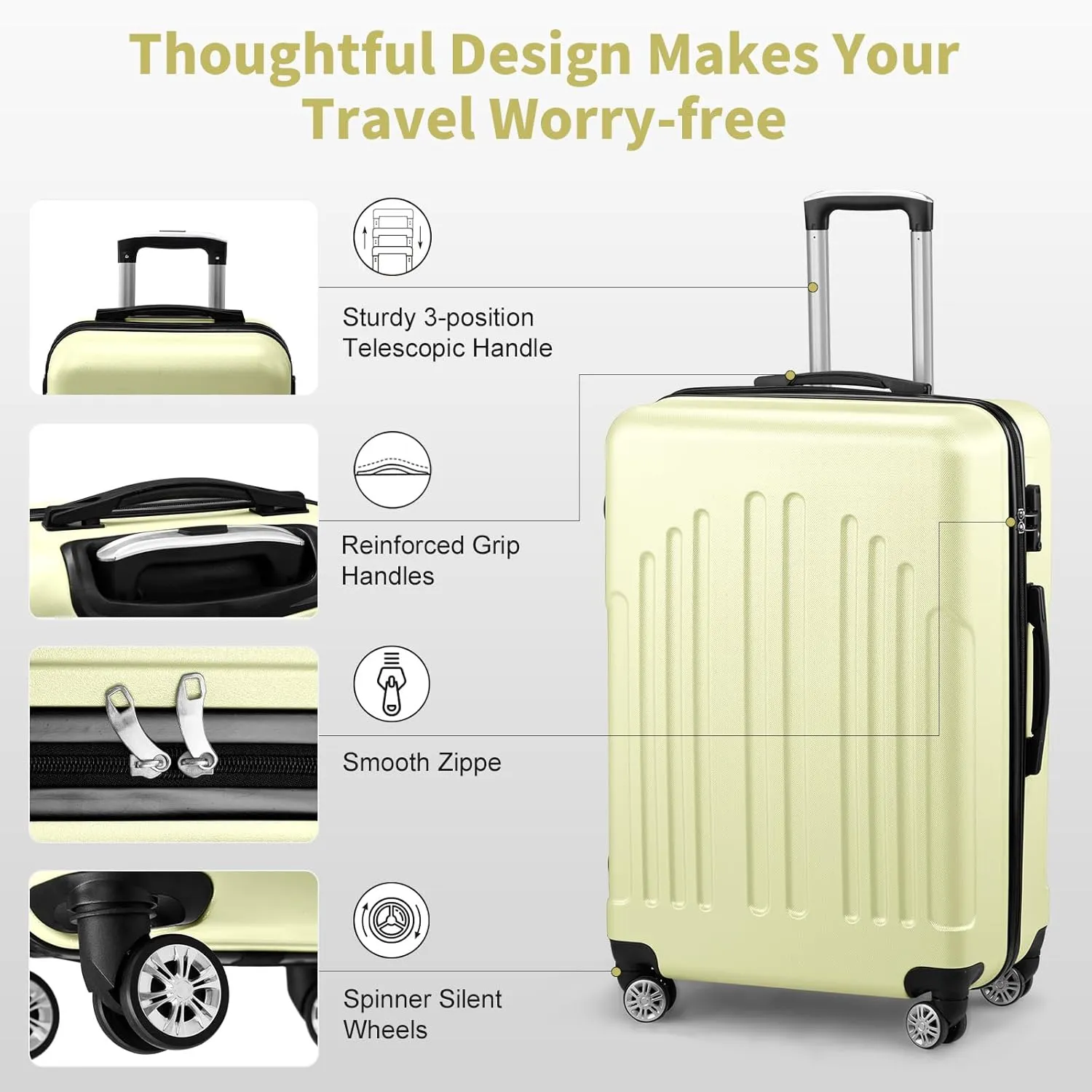 Karl home Luggage Sets 3 Piece, PC ABS Hardside Suitcase Set with Double Spinner Wheels & TSA Lock for Travel Business, 3-Piece Set (20/24/28), Light Yellow
