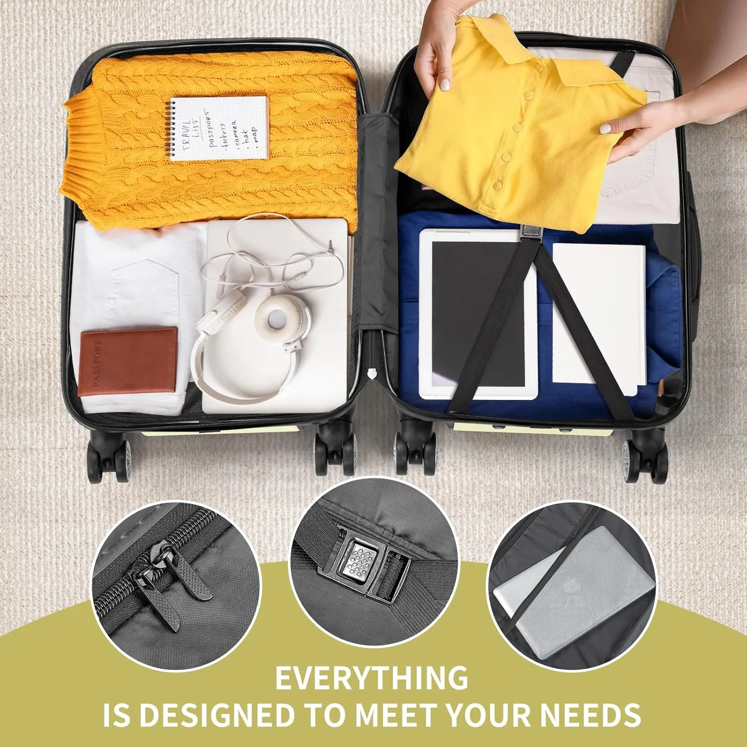 Karl home Luggage Sets 3 Piece, PC ABS Hardside Suitcase Set with Double Spinner Wheels & TSA Lock for Travel Business, 3-Piece Set (20/24/28), Light Yellow