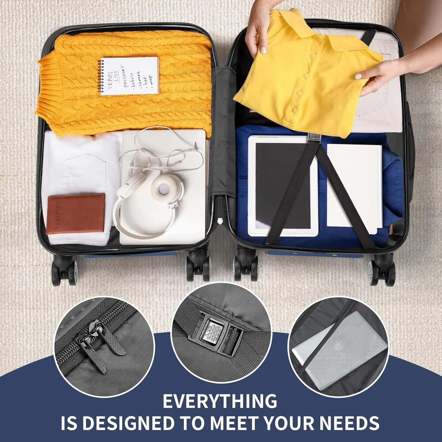 Karl home Luggage Sets 3 Piece, PC ABS Hardside Suitcase Set with Double Spinner Wheels & TSA Lock for Travel Business, 3-Piece Set (20/24/28), Navy Blue