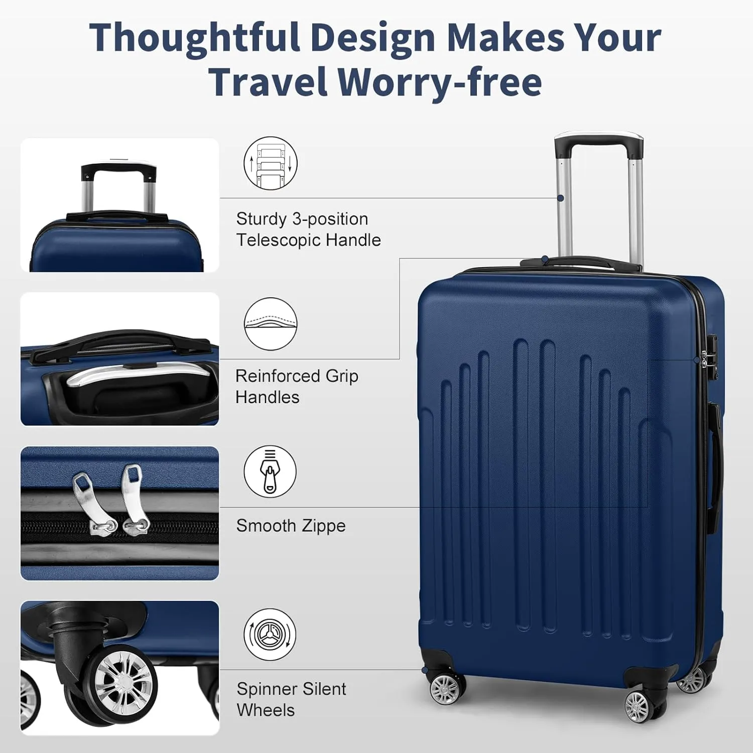 Karl home Luggage Sets 3 Piece, PC ABS Hardside Suitcase Set with Double Spinner Wheels & TSA Lock for Travel Business, 3-Piece Set (20/24/28), Navy Blue
