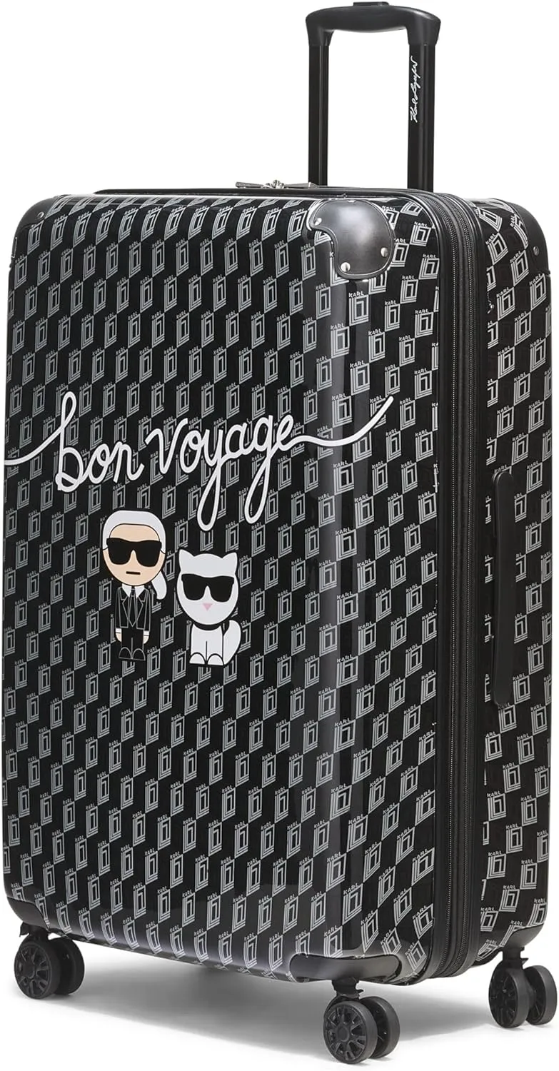 Karl Lagerfeld Paris Bon Voyage Karl and Choupette Hardside Suitcase, Black/Grey, Large