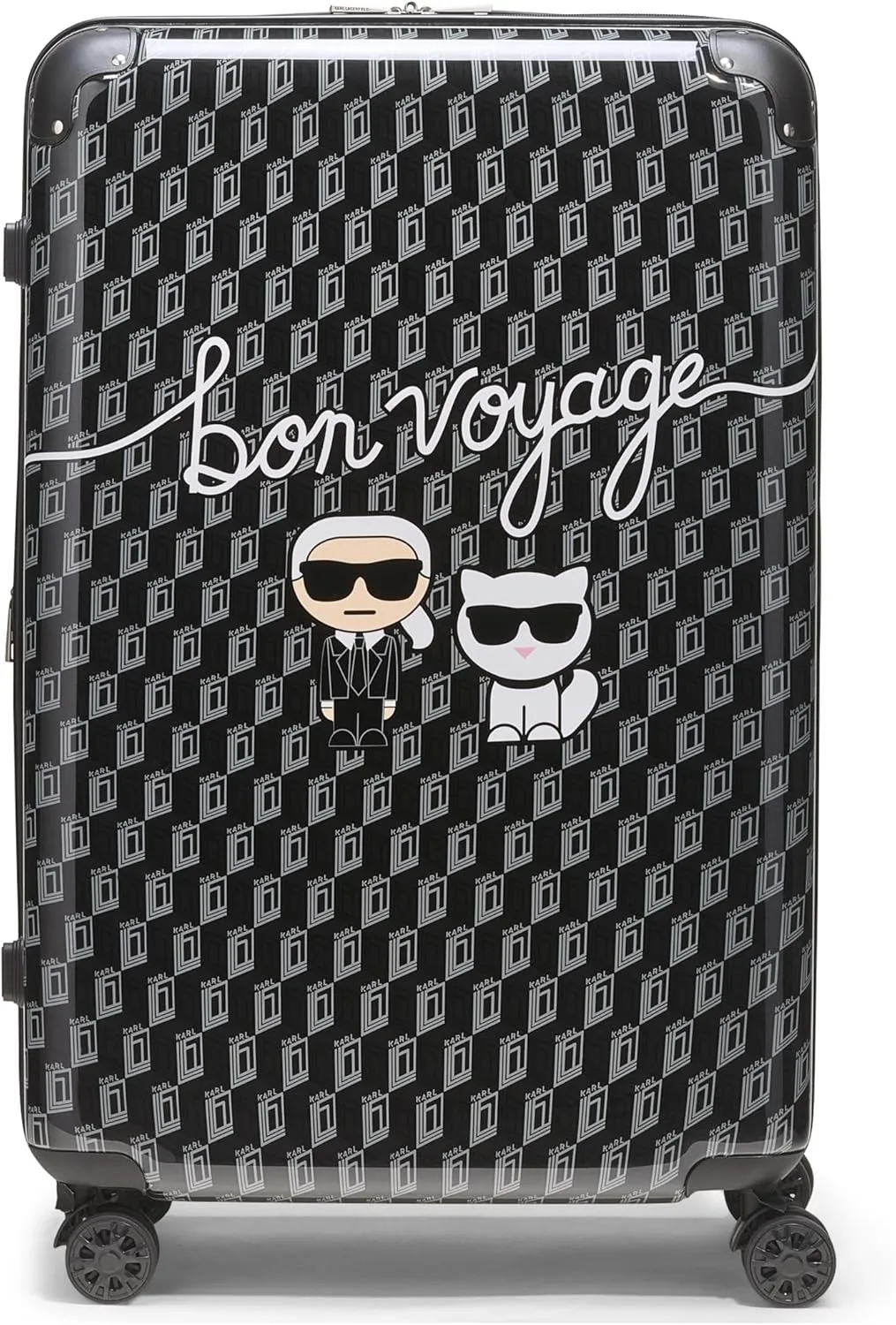 Karl Lagerfeld Paris Bon Voyage Karl and Choupette Hardside Suitcase, Black/Grey, Large