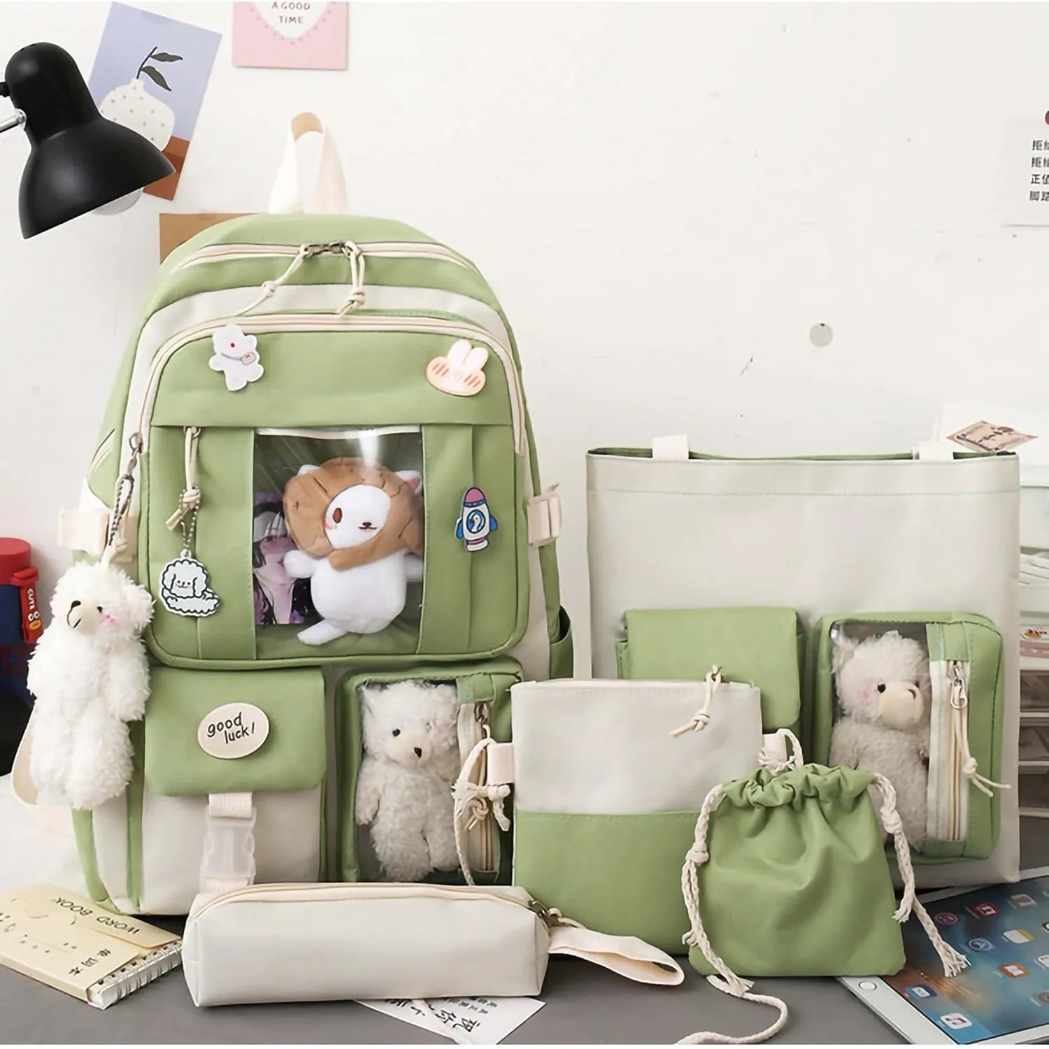 Kawaii Backpack 5Pcs Set Aesthetic School Bags 17in Cute Bookbag with Badge&Pendant,Shoulder Bag,Pencil Box,Tote Bag,Small Bag Green
