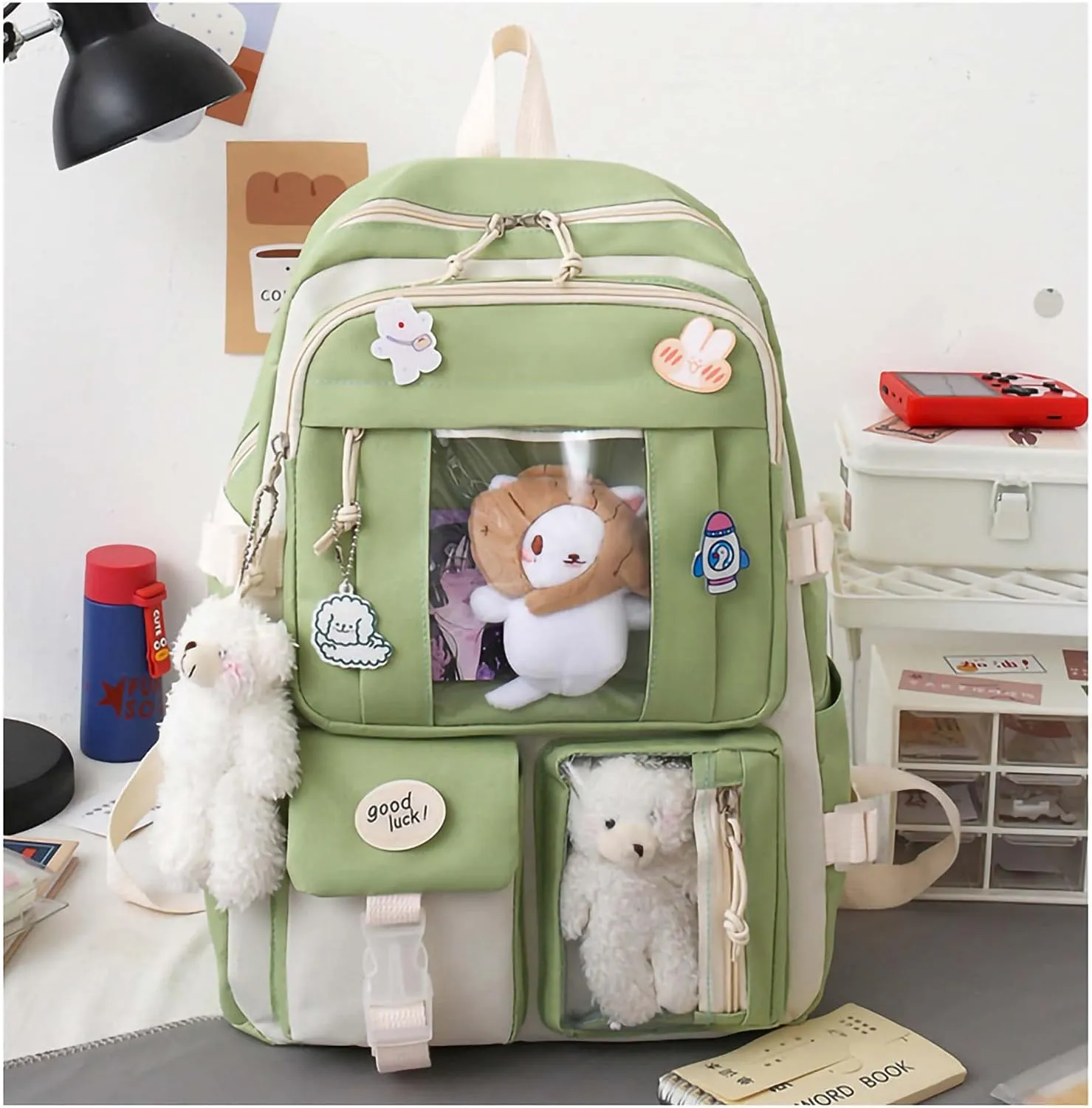 Kawaii Backpack 5Pcs Set Aesthetic School Bags 17in Cute Bookbag with Badge&Pendant,Shoulder Bag,Pencil Box,Tote Bag,Small Bag Green