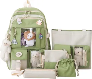 Kawaii Backpack 5Pcs Set Aesthetic School Bags 17in Cute Bookbag with Badge&Pendant,Shoulder Bag,Pencil Box,Tote Bag,Small Bag Green